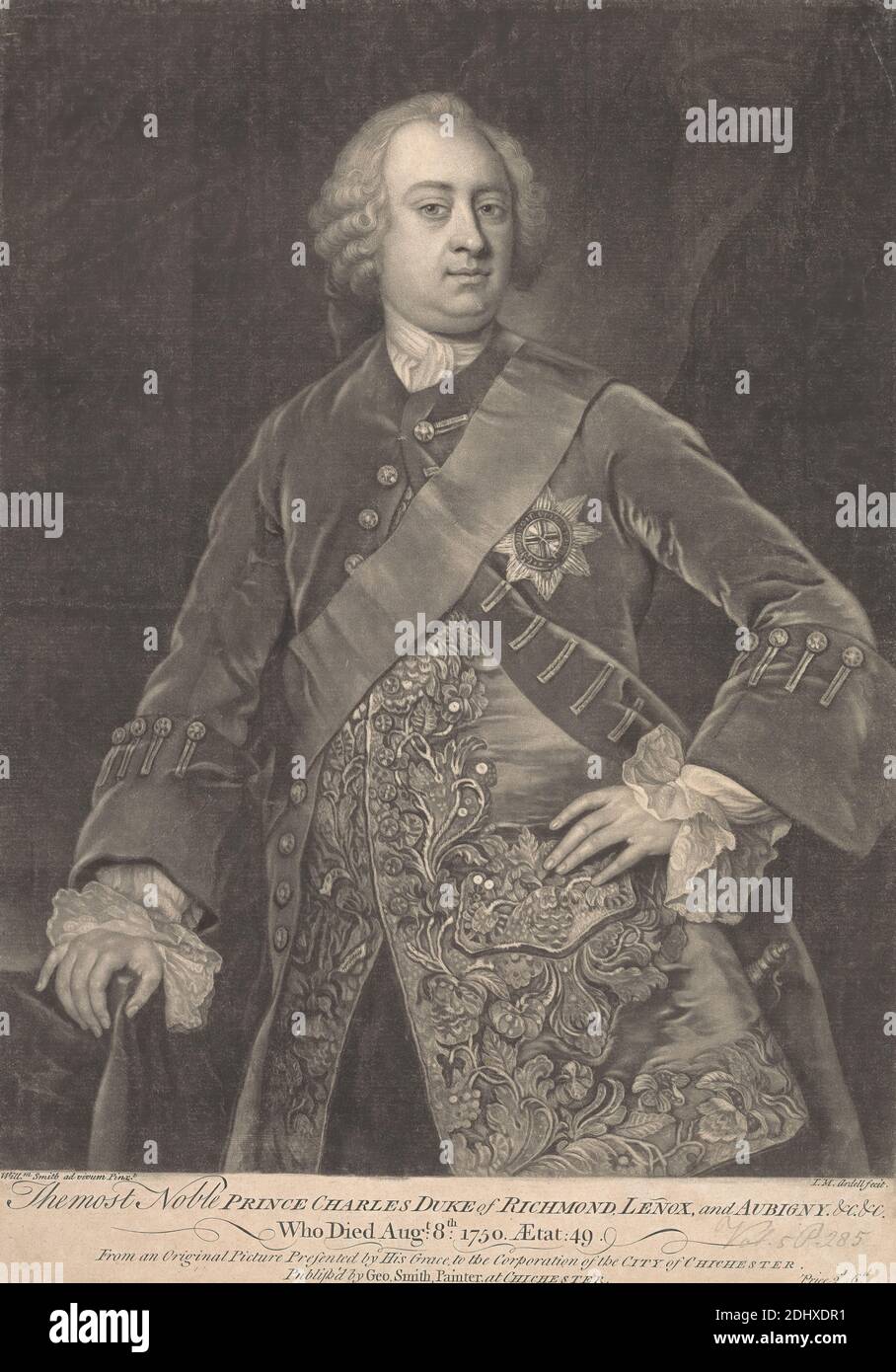 Prinz Charles, 2. Duke of Richmond, Lenox und Aubigny, James McArdell, ca. 1729–1765, Irisch, nach William Smith, 1707–1764, Britisch, 1750, Mezzotint auf Medium, leicht strukturiert, cremefarben, gemachtes Papier, Blatt: 13 7/8 × 9 3/4 Zoll (35.2 × 24.8 cm) und Bild: 12 5/8 × 9 3/4 Zoll (32.1 × 24.8 cm) Stockfoto