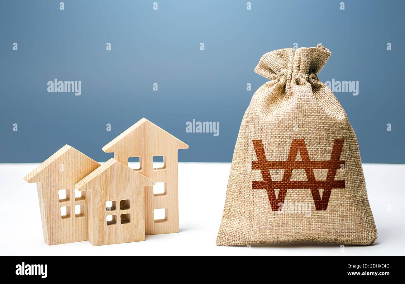 südkoreaner gewann Geldbeutel und Wohngebäude. Kauf von Wohnungen. Hypothekendarlehen. Kosten für die Wartung und Instandhaltung von Gebäuden. Grundsteuer. Zoll Stockfoto