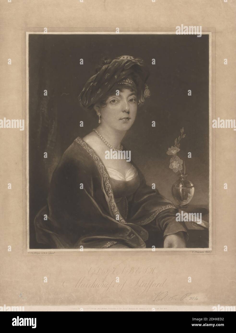 Elizabeth, Marchioness of Stafford, Charles Turner, 1774–1857, britisch, nach Thomas Phillips, 1770–1845, britisch, 1810, Mezzotint auf mäßig dick, mäßig strukturiert, beige, Papier gelegt, Blatt: 17 7/8 × 13 1/2 Zoll (45.4 × 34.3 cm) und Bild: 12 1/16 × 10 1/8 Zoll (30.6 × 25.7 cm) Stockfoto