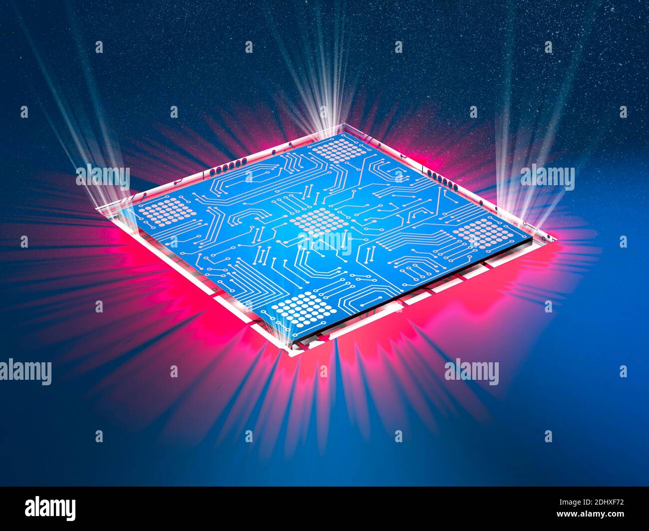 Microchip, Leistung und Geschwindigkeit. Präsentation des neuen Mikrochips. Prozessor eines Computers. Gedruckte Schaltungen. Informationen, Quantencomputer. Stockfoto