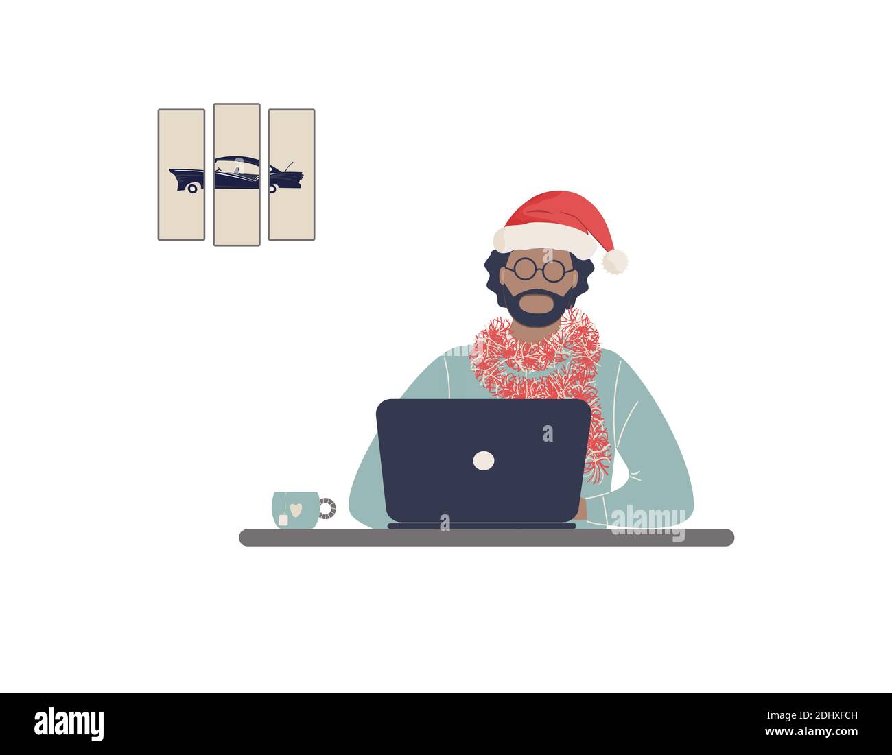Afro-amerikanischer Mann Tutor im roten Hut des Weihnachtsmanns Arbeit auf Laptop.Remote Work, Entfernung E-Learning oder Online-Training in Weihnachtsstimmung Stock Vektor