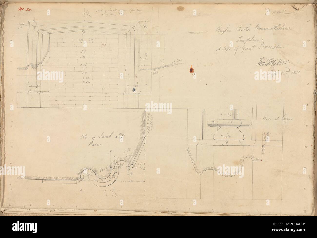 Raglan Castle, Monmouthshire, Wales: Fireplace at Top of Great Staircase, unknown artist, (TL Walker), Studio of Augustus Charles Pugin, (TL Walker), 1762–1832, französisch, vormals Augustus Welby Northmore Pugin, 1812–1852, britisch, 1831, Graphit und Feder und rote Tinte auf mäßig dickem, glattem, cremefarbenem Papier, Blatt: 10 1/2 x 15 1/16 Zoll (26.7 x 38.3 cm), architektonisches Motiv, Burg, Kamine, Gotik (Mittelalter), Pläne (Zeichnungen), Treppen, Monmouthshire, Raglan Castle Stockfoto