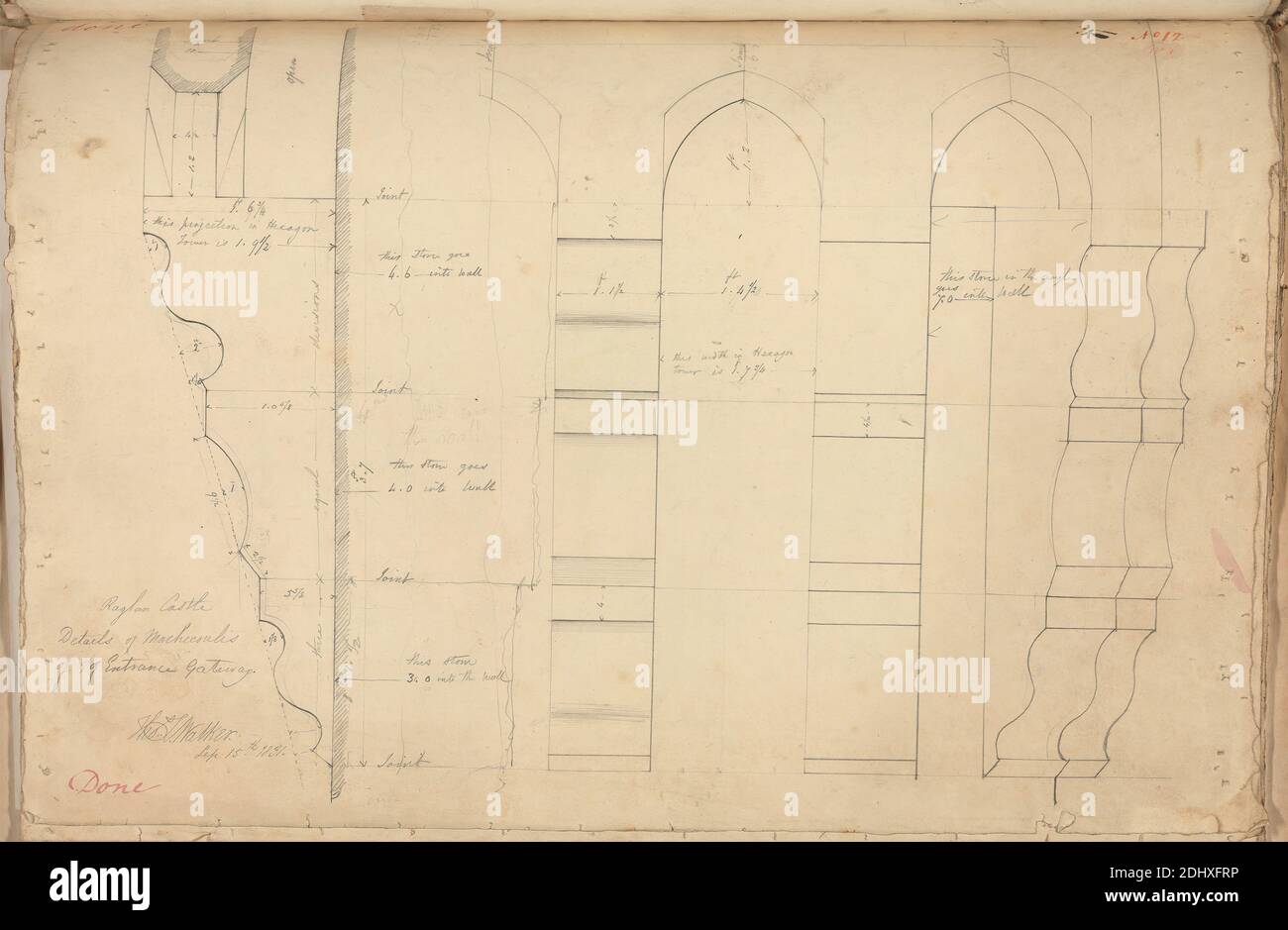 Raglan Castle, Monmouthshire, Wales: Details of Machicoulis of Entrance Gateway, unknown artist, (TL Walker), Studio of Augustus Charles Pugin, 1762–1832, französisch, vormals Augustus Welby Northmore Pugin, 1812–1852, britisch, 1831, Graphit auf mäßig dickem, leicht strukturiertem, cremefarbenen Wove-Papier, Blatt: 10 1/2 x 14 7/8 Zoll (26.7 x 37.8 cm), architektonisches Motiv, Burg, Tore, Gotik (Mittelalter), Machikolationen, Abschnitte, Monmouthshire, Raglan Castle Stockfoto