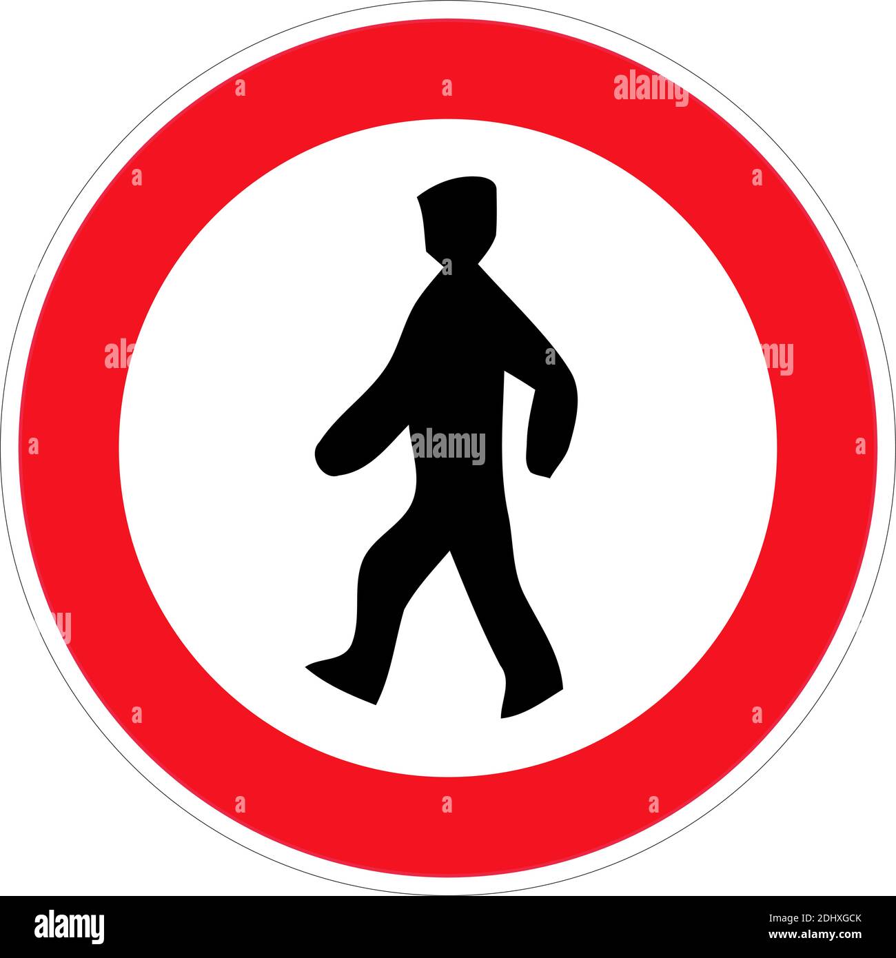 Kein Zugang für Fußgänger Schild. Vektorgrafik. Schwarzes Piktogramm auf weißem Hintergrund, roter Rand und diagonale Linie. Runde Form. Stock Vektor