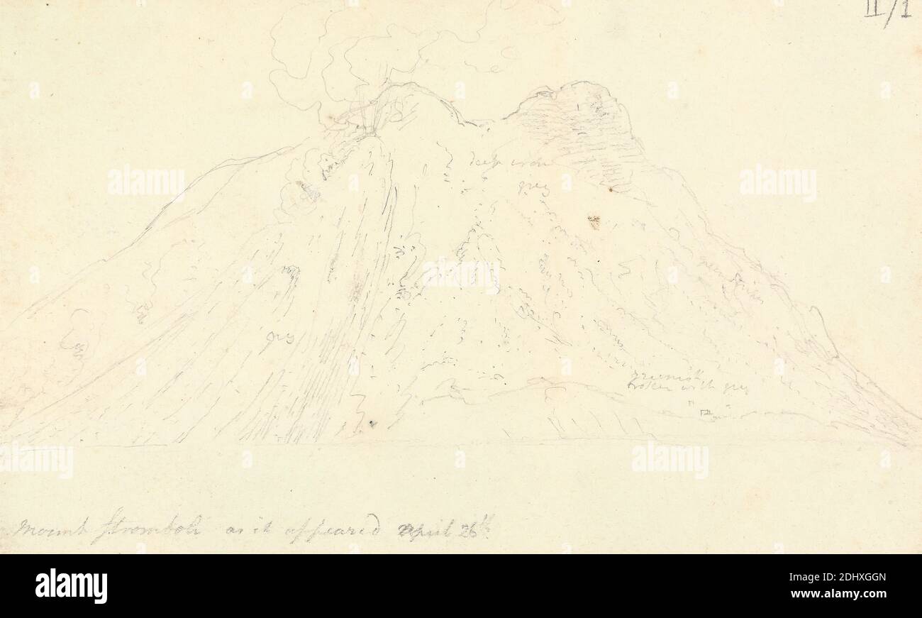Mount Stromboli As IT appeared 26. April 1803, Sir Robert Smirke der Jüngere, 1781–1867, Britisch, 1803, Graphit auf mäßig dickem, mäßig strukturiertem, beigefarbenem Papier, Blatt: 4 11/16 × 7 5/8 inches (11.9 × 19.4 cm Stockfoto