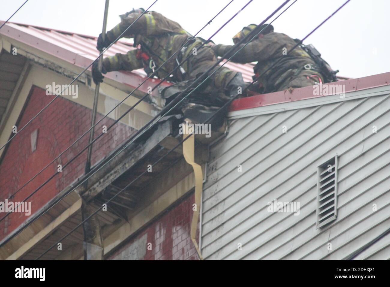 Zwei Feuerwehrleute arbeiten zusammen, um ein Feuer auf dem Dach eines Gebäudes zu löschen; einer muss den anderen halten, damit er nicht vom Dach fällt Stockfoto
