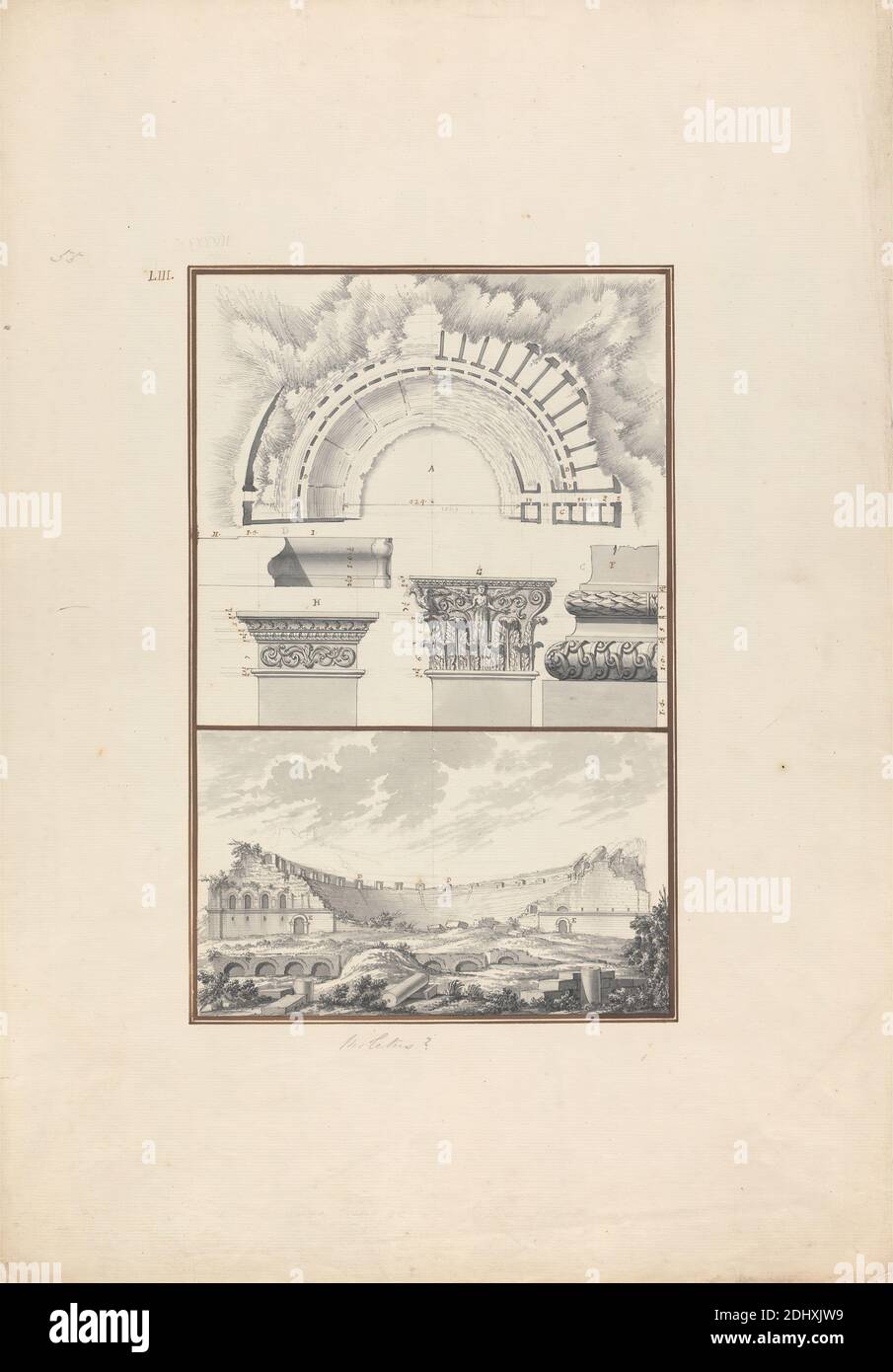 Obere Tafel: Plan, Säulendetails; untere Tafel: Ansicht eines zerstörten Theaters, wahrscheinlich das in Milet, Giovanni Battista Borra, 1713–1770, italienisch, ca. 1750, Grauwäsche mit grauer und brauner Tinte über Graphit auf mäßig dickem, mäßig strukturiertem, beigefarbenem Papier, Blatt: 21 1/4 x 15 Zoll (54 x 38.1 cm) und Bild: 12 3/8 x 8 Zoll (31.5 x 20.3 cm), Amphitheater, Altgriechisch, Bögen, architektonisches Thema, Kapitelle, Säulen, Ruinen, Lageplan, Theater, Asien, Aydin Ili, Ege kiyilari, Milet, Türkei Stockfoto