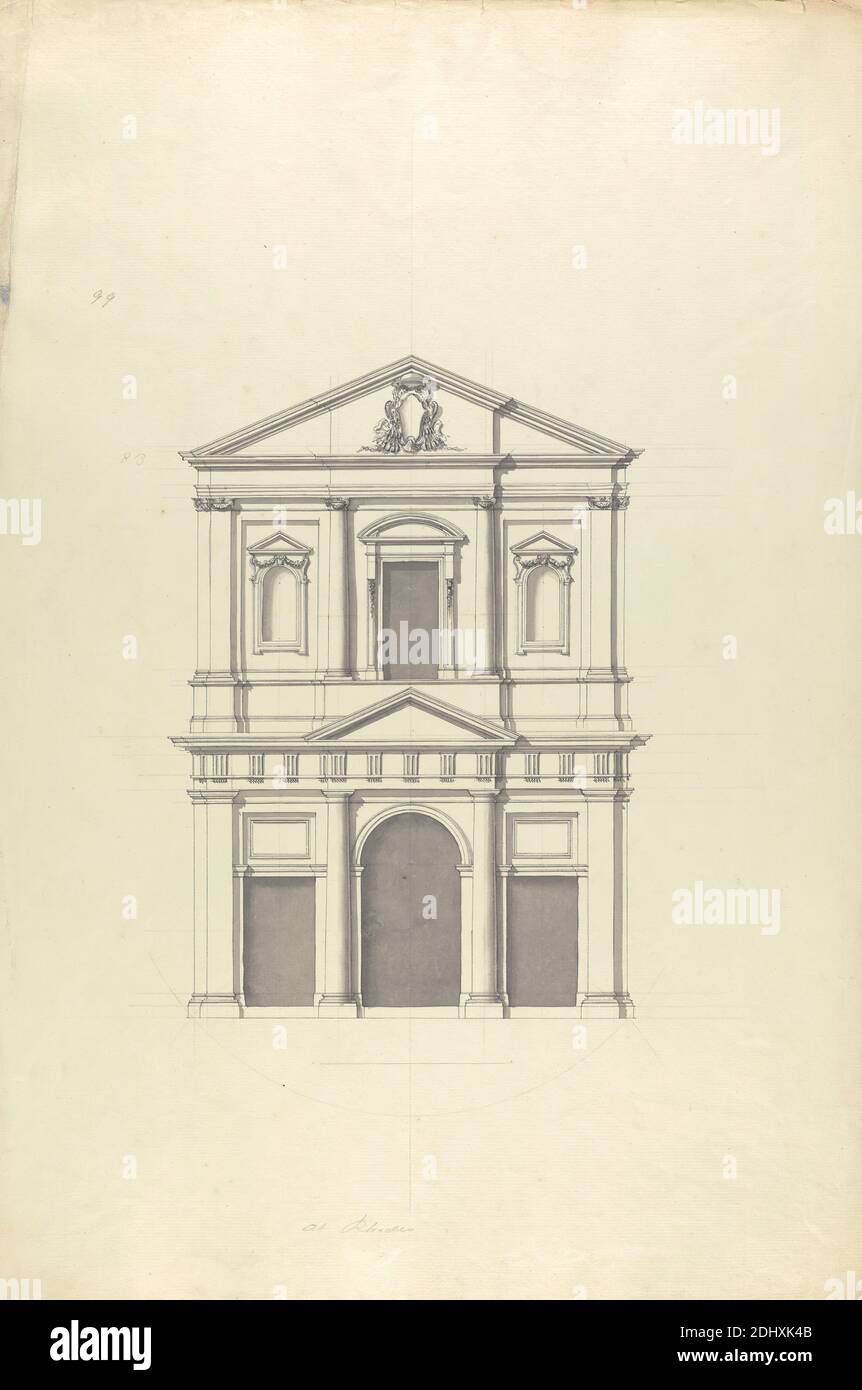 Fassade einer barocken Kirche, wahrscheinlich die Fassade, die Bernini 1639 in Pichettis Chiesa da le Barberine in Rom einfügte, Giovanni Battista Borra, 1713–1770, italienisch, ca. 1750, schwarze Tusche mit grauem Überzug Graphit auf mäßig dickem, mäßig strukturiertem, beigefarbenem Papier, Blatt: 21 1/4 x 15 Zoll (54 x 38.1 cm), Bögen, architektonisches Motiv, Barock, Kirche, Fassade, Giebel Stockfoto