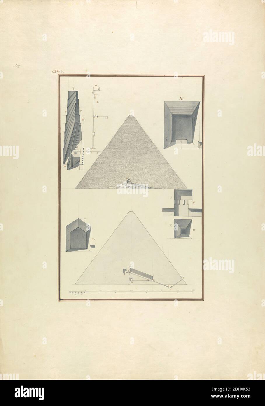 Ansicht, Querschnitt und andere Details von Cheops Pyramide in Giza, Giovanni Battista Borra, 1713–1770, Italienisch, ca. 1750, Grauwäsche mit schwarzer und brauner Tinte über Graphit auf mäßig dickem, mäßig strukturiertem, beigefarbenem Papier, Blatt: 21 1/4 x 14 7/8 Zoll (54 x 37.8 cm) und Bild: 12 3/8 x 8 Zoll (31.5 x 20.3 cm), architektonisches Thema, Querschnitt, Höhe (Zeichnung), Pyramide (Grab), Maßstab (Regel), Grab, Ägypten, Grenze, Gizeh Nekropolis, große Pyramide von Gizeh, Matruh Stockfoto