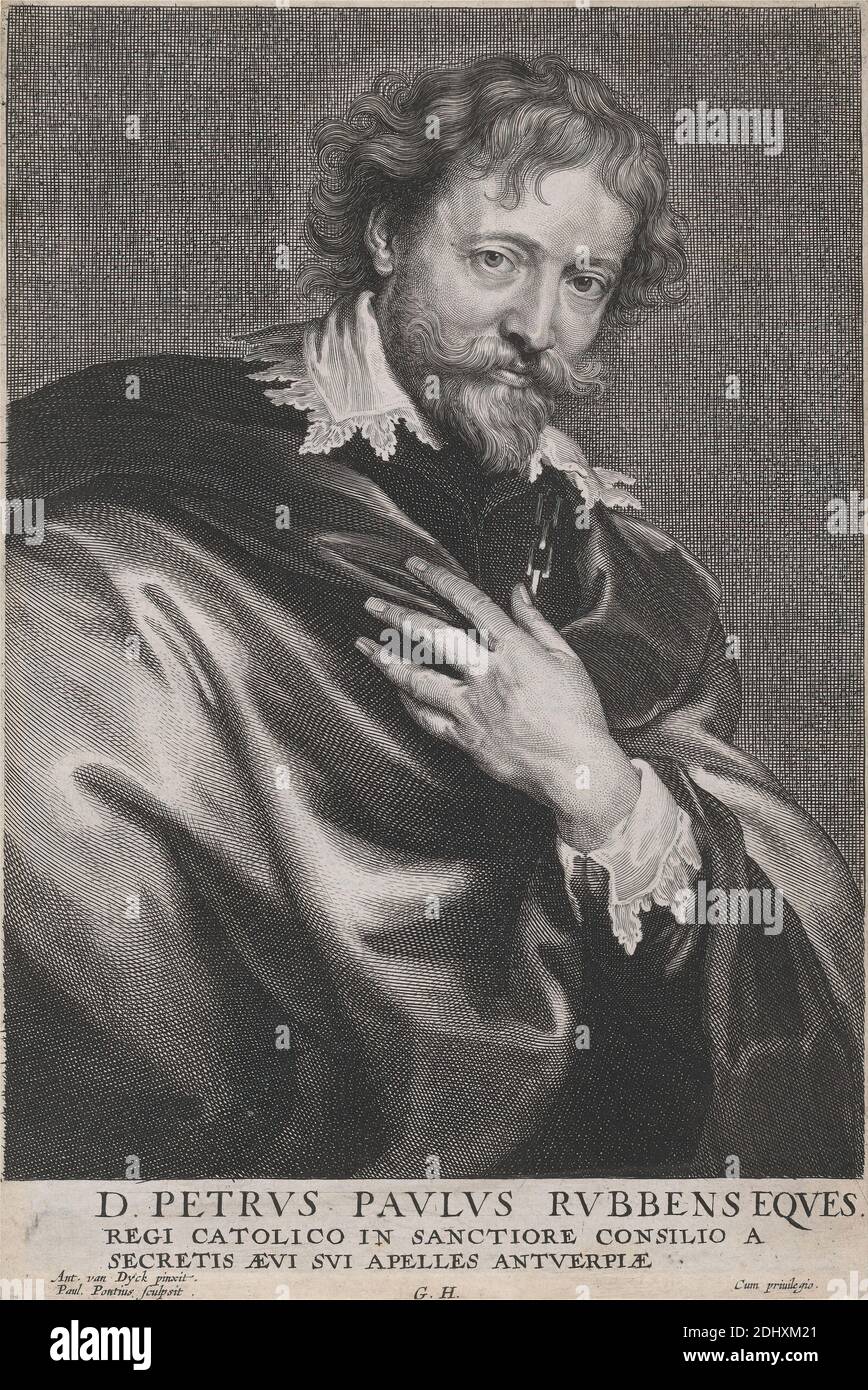 D. Petrus Paulus Rubbens Eques, Paulus Pontius, 1603–1658, Flämisch, nach Sir Anthony Van Dyck, 1599–1641, Flämisch, in Großbritannien tätig (1620–21; 1632–34; 1635–41), um 1635, Strichgravur und Stippstich auf Medium, leicht strukturiert, braunweiß, getupftes Papier, aufgezogen, mäßig dick, leicht strukturiert, creme, getupftes Papier, Einfassung: 14 1/4 × 11 1/16 Zoll (36.2 × 28.1 cm), Blatt: 9 1/8 × 6 3/16 Zoll (23.2 × 15.7 cm) und Bild: 8 1/4 × 6 1/16 Zoll (21 × 15.4 cm), Bart, Mann, Porträt Stockfoto