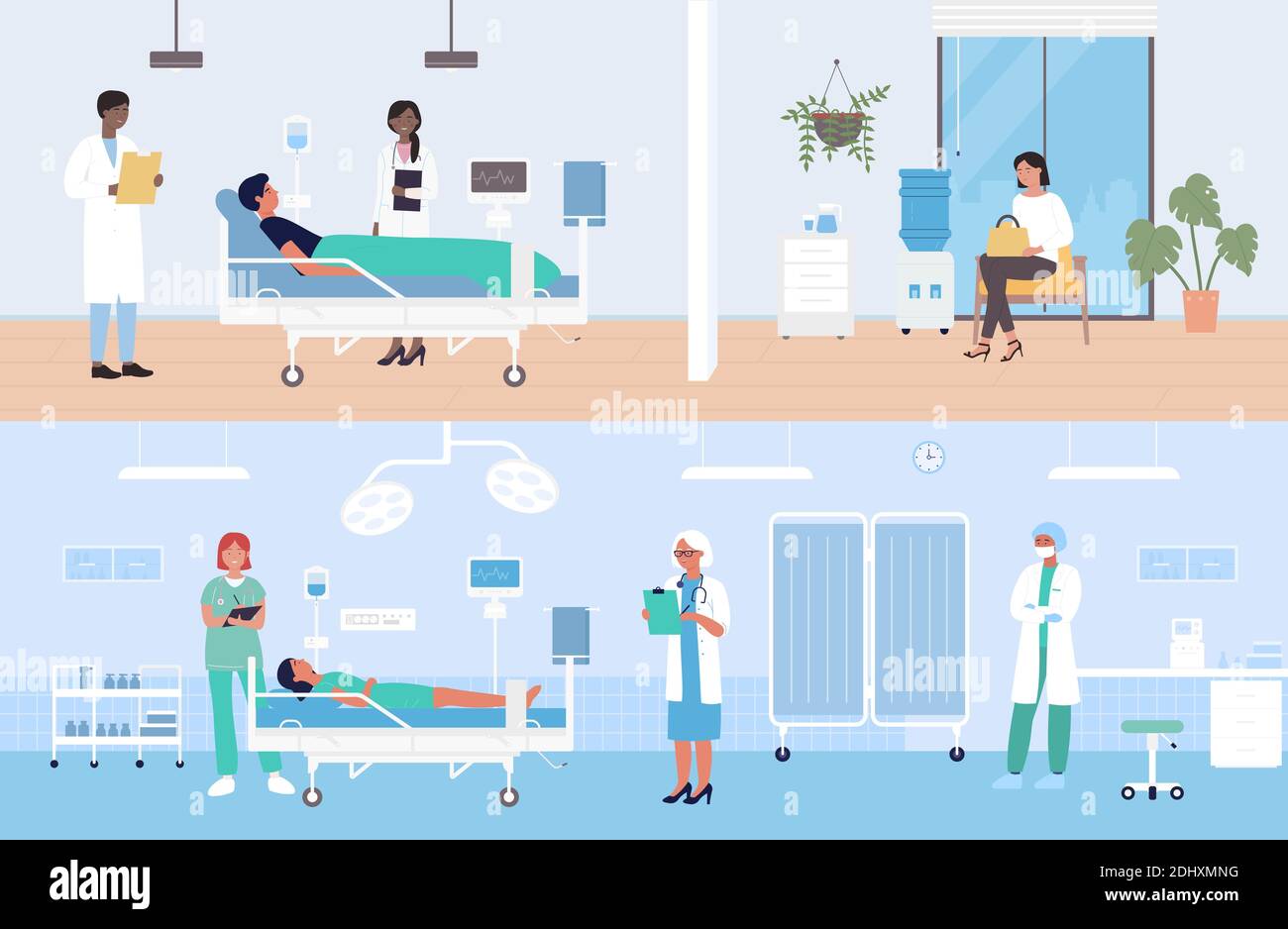 Krankenhaus Moderne medizinische Abteilung mit Patienten Vektor-Illustration-Set. Cartoon Mann Frau Figur liegend mit Dropper intensive Therapie, Arzt Krankenschwester Patienten besuchen für Medizin Behandlung Hintergrund Stock Vektor