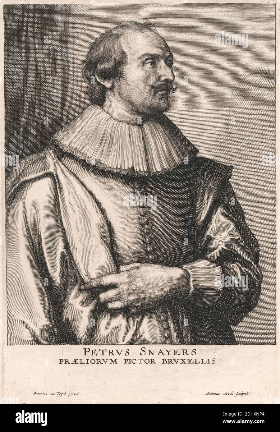 Petrus Snayers, Præliorum Pictor Bruxellis, Andreas Stock, c. 1540–1648, niederländisch, nach Sir Anthony Van Dyck, 1599–1641, flämisch, in Großbritannien tätig (1620–21; 1632–34; 1635–41), ca. 1635, Strichgravur, Stippellstich und Radierung auf Medium, schräg ausgezogen, creme, gebeiztes Papier, Blatt: 13 × 8 13/16 Zoll (33 × 22.4 cm), Platte: 9 13/16 × 6 11/16 Zoll (24.9 × 17 cm) und Bild: 8 5/16 × 6 9/16 Zoll (21.1 × 16.7 cm Stockfoto