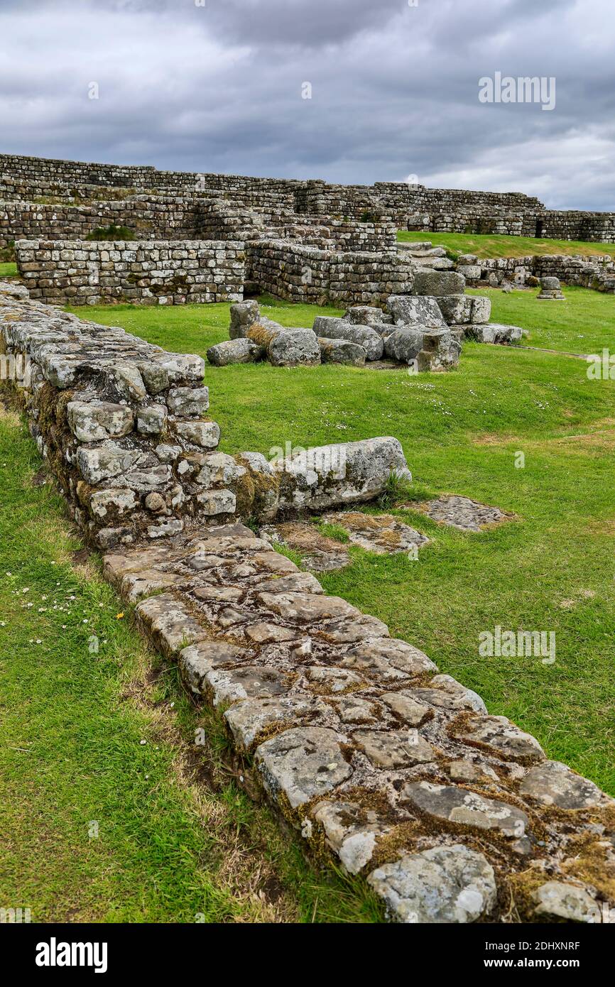 Römische Ruinen, Gehöfte römisches Kastell, Hadrianswall, Northumberland, England, Vereinigtes Königreich Stockfoto