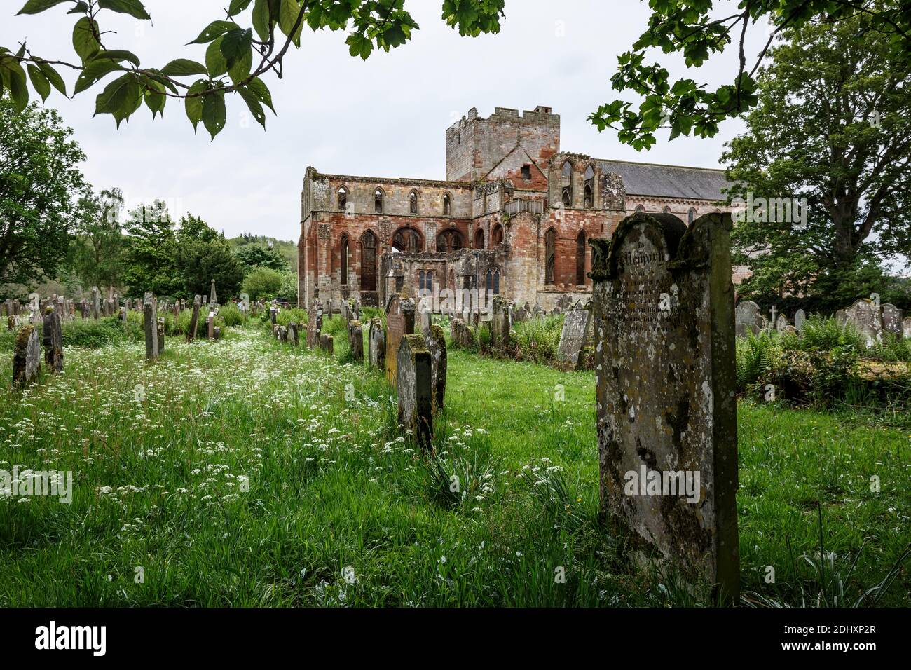 Kirche-Hof (Friedhof)-Grabsteine und Ruinen von Lanercost Priory, North Brampton, Cumbria, England, Vereinigtes Königreich Stockfoto