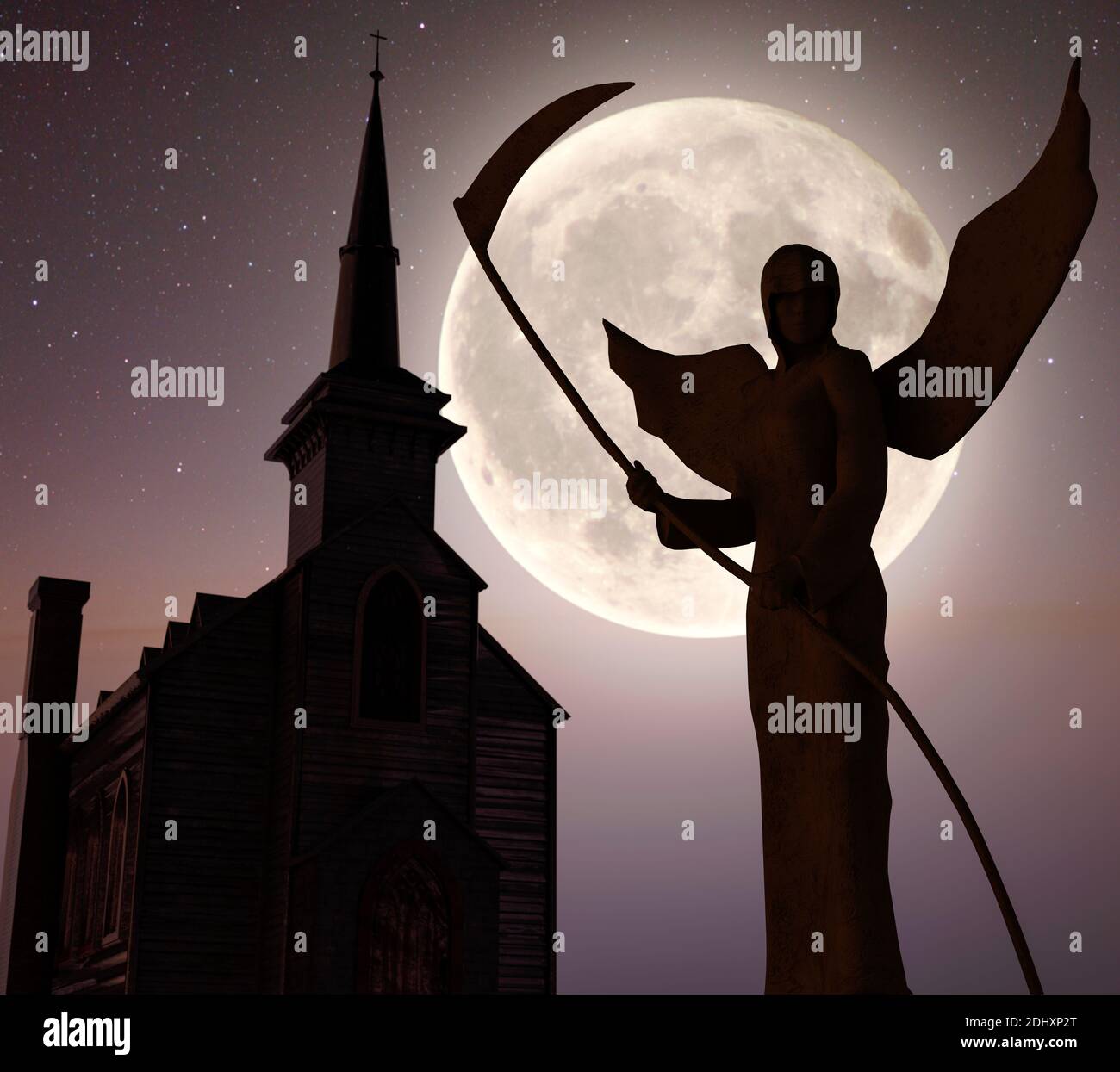 Engel des Todes vor einer Kirche - gespenstisch Nachthintergrund mit Mond - 3d-Rendering Stockfoto