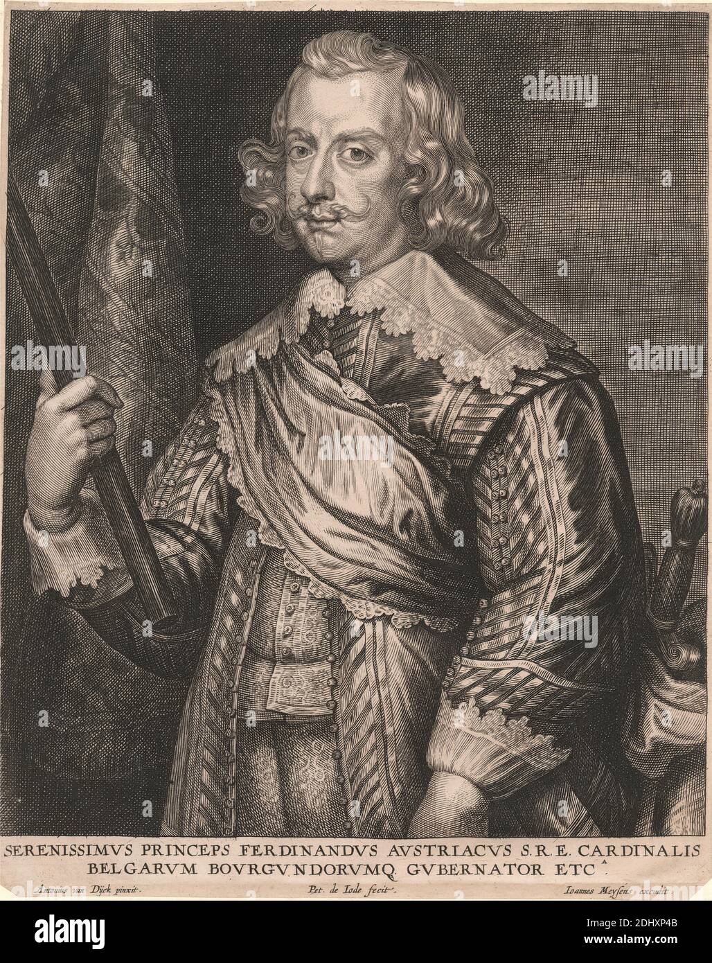 Serenissimus Princeps Ferdinandus Austriacus S.R.E. Cardinalis Belgarum Bourgundorumq Gubernator etc., Pieter de Jode, ca. 1606–1674, Flämisch, nach Sir Anthony Van Dyck, 1599–1641, Flämisch, in Großbritannien tätig (1620–21; 1632–34; 1635–41), um 1635, Strichgravur und Stippellstich auf Medium, leicht strukturiert, weiß gebräunt, Papier gebeitet, aufgezogen, mäßig dick, leicht strukturiert, creme, Papier gebeitet, Halterung: 14 7/16 × × 27.9 cm (36.7 Zoll), Blatt: 11 9 13/16 × 7 15/16 Zoll (24.9 × 20.2 cm), und Bild: 9 × 7 3/4 Zoll (22.9 × 19.7 cm), Kardinal, Kragen, Vorhang, Gouverneur, Jacke, Mann Stockfoto