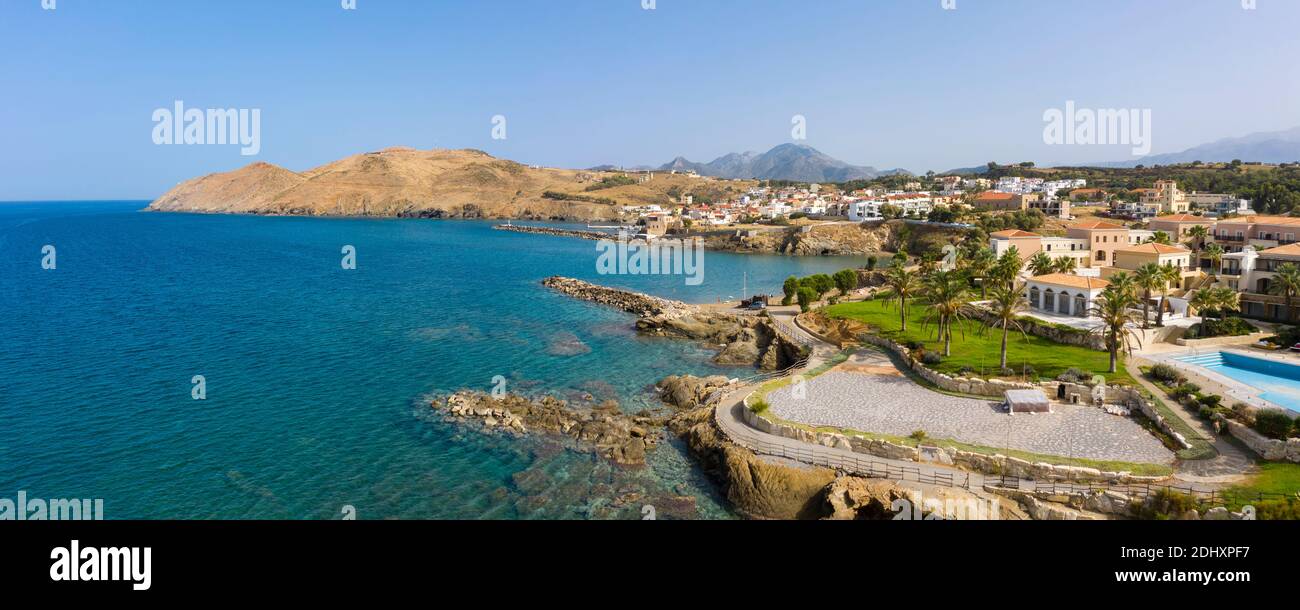 Luftpanorama Küstenansicht von Panormas, Rethymno, Kreta, Griechenland Stockfoto