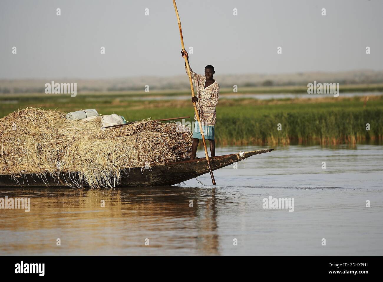 Ein junger Mann stöcke sein Holzboot auf dem Fluss Niger in der Nähe von Gao, Mali, Westafrika. Stockfoto
