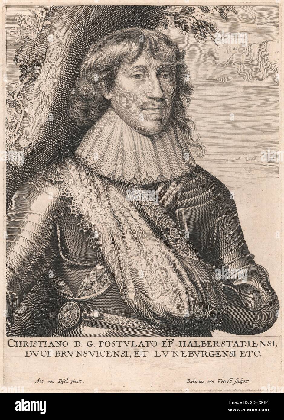 Christiano D.G. Postulato-EP. Halberstadiensi, Duci Brunsuicensi, et Luneburgensi etc., Robert van Voerst, 1597–1636, niederländisch, in Großbritannien tätig (ab 1627), nach Sir Anthony Van Dyck, 1599–1641, flämisch, in Großbritannien tätig (1620–21; 1632–34; 1635–41), ca. 1635, Strichgravur, Stippellstich und Radierung auf Medium, leicht strukturiert, beige, Büttenpapier, Blatt: 15 1/2 × 11 3/8 Zoll (39.4 × 28.9 cm), Platte: 9 3/4 × 7 Zoll (24.8 × 17.8 cm) und Bild: 8 1/4 × 6 7/8 Zoll (21 × 17.5 cm) Stockfoto