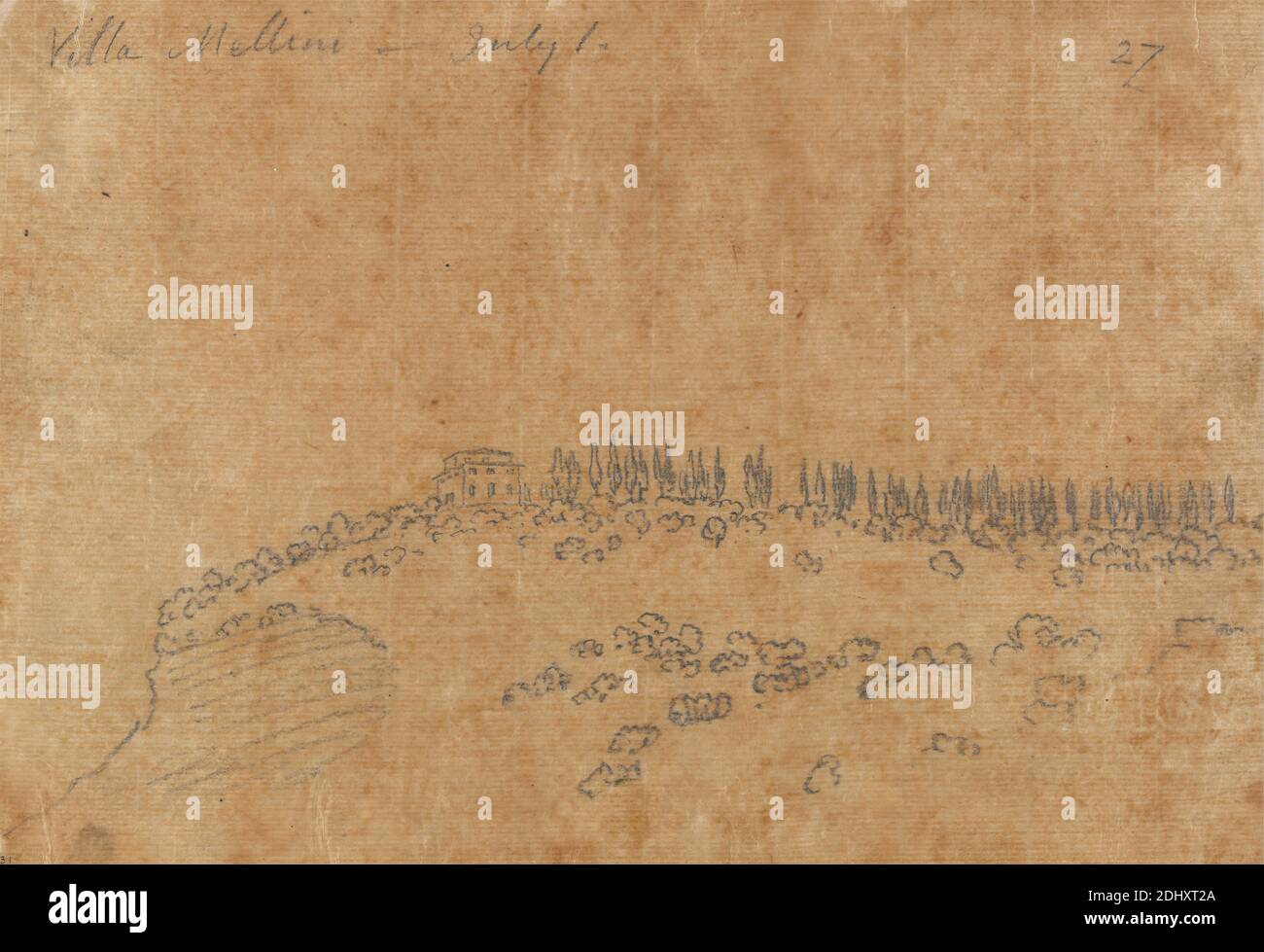 Villa Mellini, July 1, John Robert Cozens, 1752–1797, britisch, undatiert, Graphit und Lack auf dünnem, leicht strukturiertem, cremefarbenen Papier, Blatt: 6 1/2 x 9 5/8 Zoll (16.5 x 24.4 cm), architektonisches Motiv, Hügel, Landschaft, Bäume, Villa, Europa, Italien, Monte Mario, Rom Stockfoto