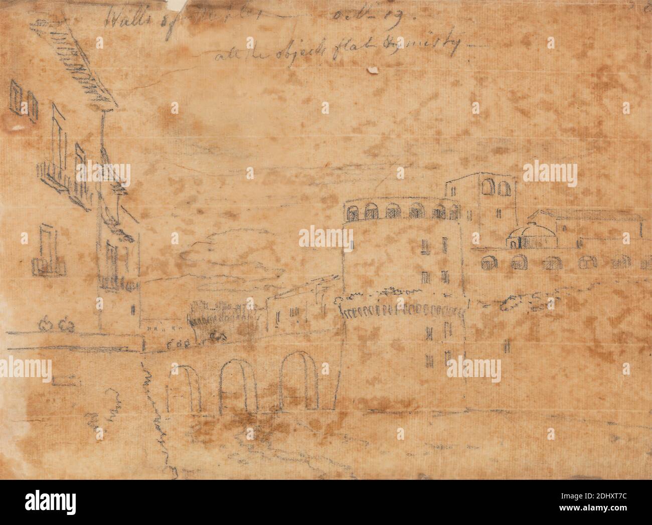 Walls of Naples, October 19, John Robert Cozens, 1752–1797, britisch, undatiert, Graphit und Lack auf dünnem, leicht strukturiertem, beigefarbenem Papier, Blatt: 7 1/4 x 9 1/2 Zoll (18.4 x 24.1 cm), Bögen, Gebäude, Stadtbild, Wolken, Wände, Europa, Italien, Neapel Stockfoto