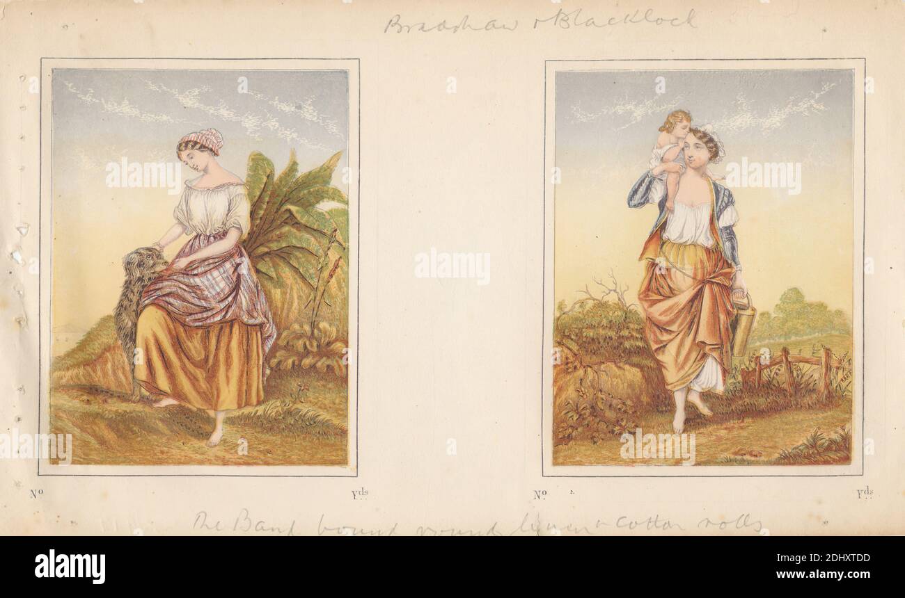Wir kommen vom Spring zurück. Virginia., Bradshaw & Blacklock, aktiv ca. 1850, britisch, nach 1850, Aquatint, Stippelgravur und Farbholzschnitt auf mäßig dickem, glattem, cremefarbenem Wove-Papier, Blatt: 5 7/8 x 11 5/16 Zoll (15 x 28.8 cm), Bild: 4 1/4 x 3 3/16 Zoll (10.8 x 8.1 cm), und Bild: 4 1/4 x 3 3/16 Zoll (10.8 x 8.1 cm), Landwirtschaft, Schürzen, Baby, barfuß, Blusen, Eimer, Mützen, Tragen, Kind, Kinder, Wolken, Land, Hund (Tier), Landwirtschaft, Zäune, Genre Thema, Gras, Haare, Bauer, Pflanzen, Röcke, Lächeln, Frühling, Bäume, Wandern, Frau, Frauen Stockfoto