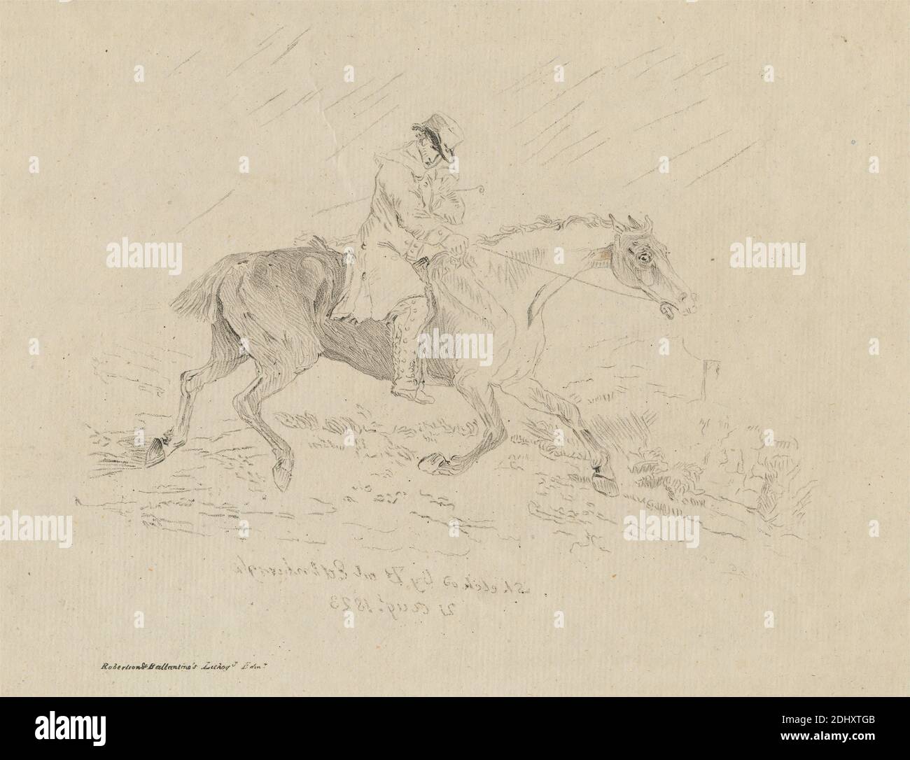The Cadger's Trab, Print Made by Thomas Bewick, 1753–1828, British, Published by Robertson & Ballantine Lithography, Active 1820, British, 1823, Lithograph auf Medium, leicht strukturiert, beigefarbenes Papier, Blatt: 8 1/8 x 10 1/4 Zoll (20.7 x 26 cm) und Bild: 5 1/2 x 7 1/16 Zoll (14 x 18 cm), Tierkunst, Zaumzeug, Mantel, Reiten, Gras, Pferd (Tier), Reiten, Mann, Regen, Reiten, Reitstiefel, Reitkultur, Laufen, Sportkunst, Steigbügel, Hut, Traben, Peitsche Stockfoto