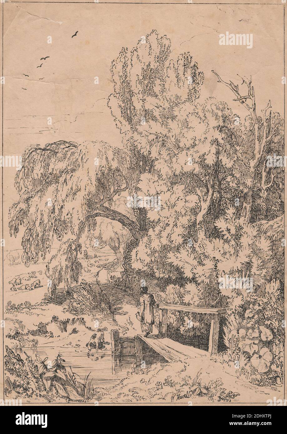 Landscape with Trees, Girls Crossing Footbridge, William Havell, 1782–1857, britisch, aktiv in Indien (1820–26), 1804, veröffentlicht 1807 Stockfoto