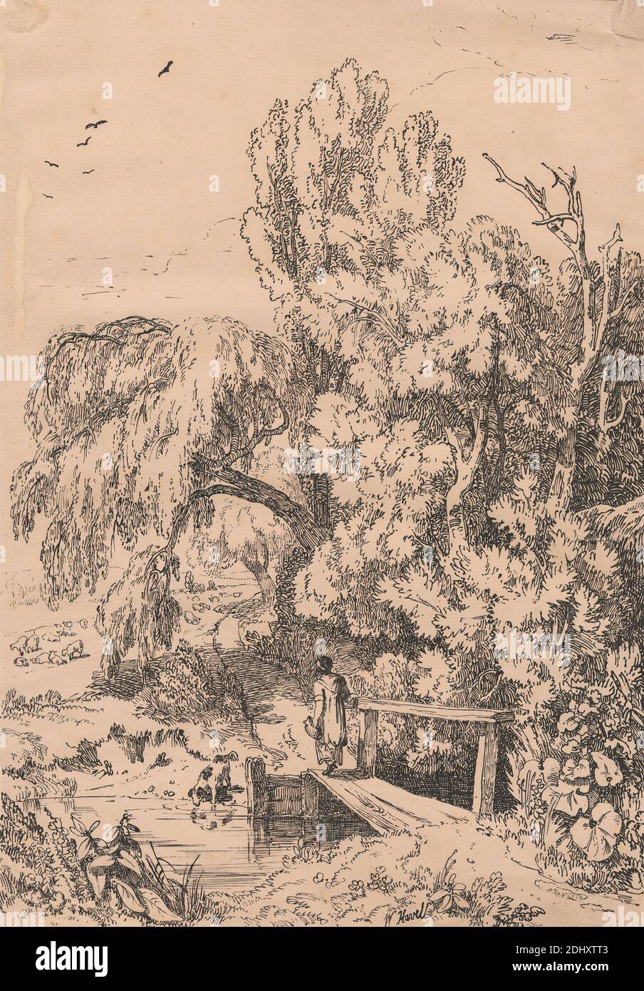 Landscape with Trees, Girl Crossing Footbridge, William Havell, 1782–1857, britisch, aktiv in Indien (1820–26), 1804, veröffentlicht 1807 Stockfoto