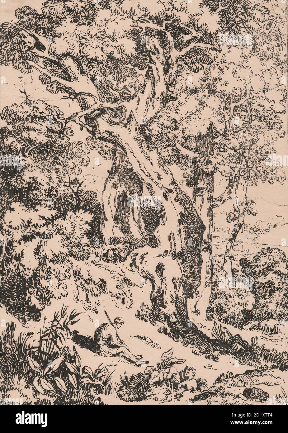 Study of Trees and Scrubs with sitzend Male figure, William Havell, 1782–1857, British, Active in India (1820–26), 1804, veröffentlicht 1806 Stockfoto