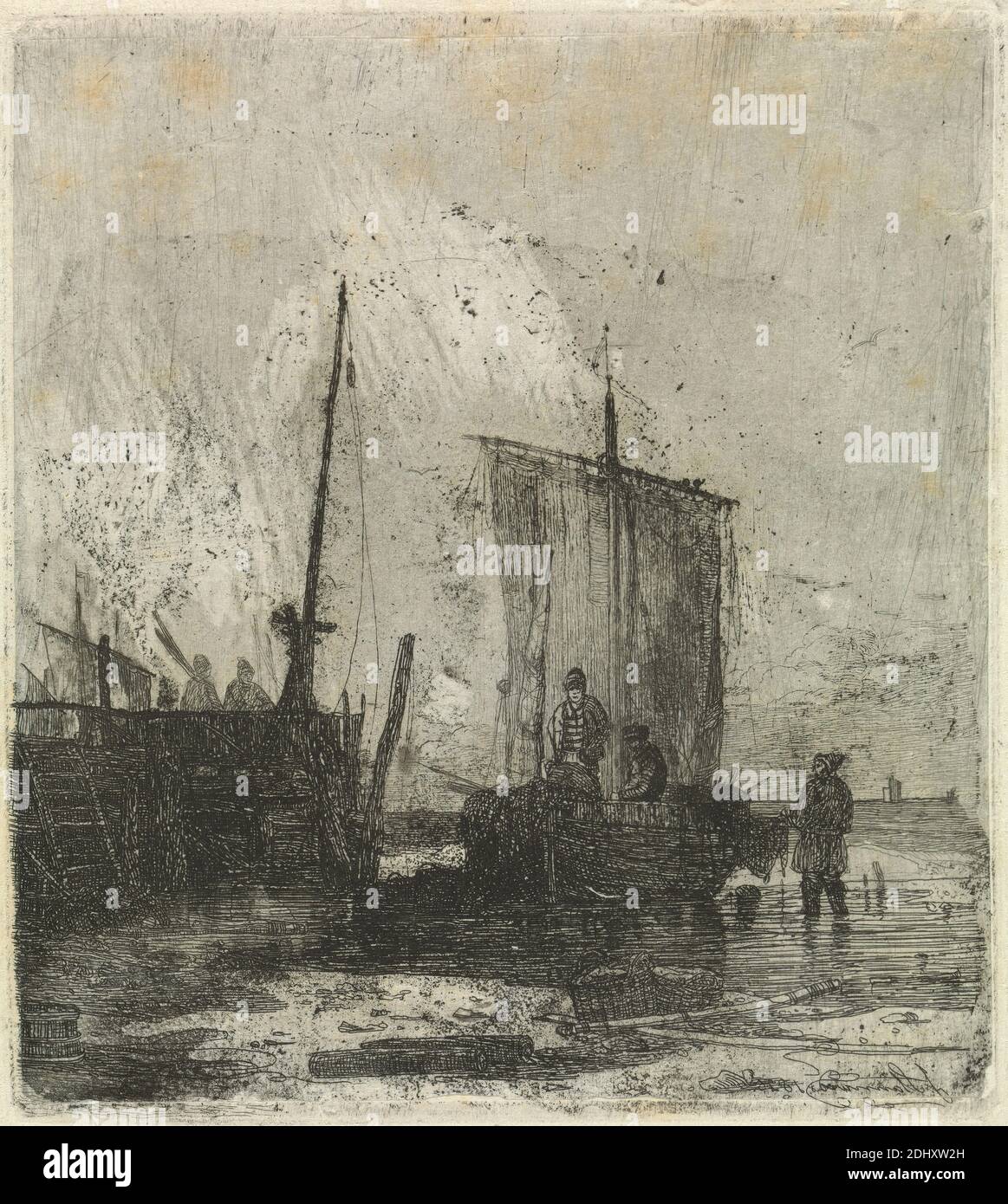 Boote in einem Dock, Joseph Stannard, 1797–1830, britisch, zwischen 1824 und 1827, Radierung, Kupferstichproof, Tafel: 17 x 10 (43.2 x 27,3 cm Stockfoto