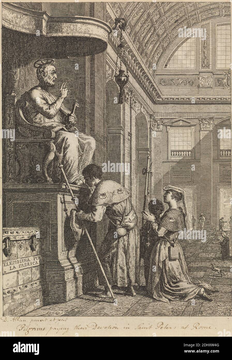 Pilgrims Paying their Devotion in St. Peters at Rome, Druck von David Allan, 1744–1796, Brite, geboren in Schottland, nach David Allan, 1744–1796, Brite, geboren in Schottland, zwischen 1773 und 1775, Radierung auf mäßig dickem, rauem, cremefarbenen Papier, Blatt: 9 7/8 x 6 15/16 Zoll (25.1 x 17.7 cm) und Bild: 9 1/4 x 6 3/4 Zoll (23.5 x 17.2 cm), Bögen, Architektur, Taschen, Buch, Junge, Mütze, Kind, Christentum, Kirche, Hund (Tier), Kleid, Genre Thema, Geste, Halo, Mann, innen, Tuch, küssen, knien, Lampe, Schlösser, Gepäck, Mantel, Männer, Pilaster, Pilger, Gebet, beten Stockfoto