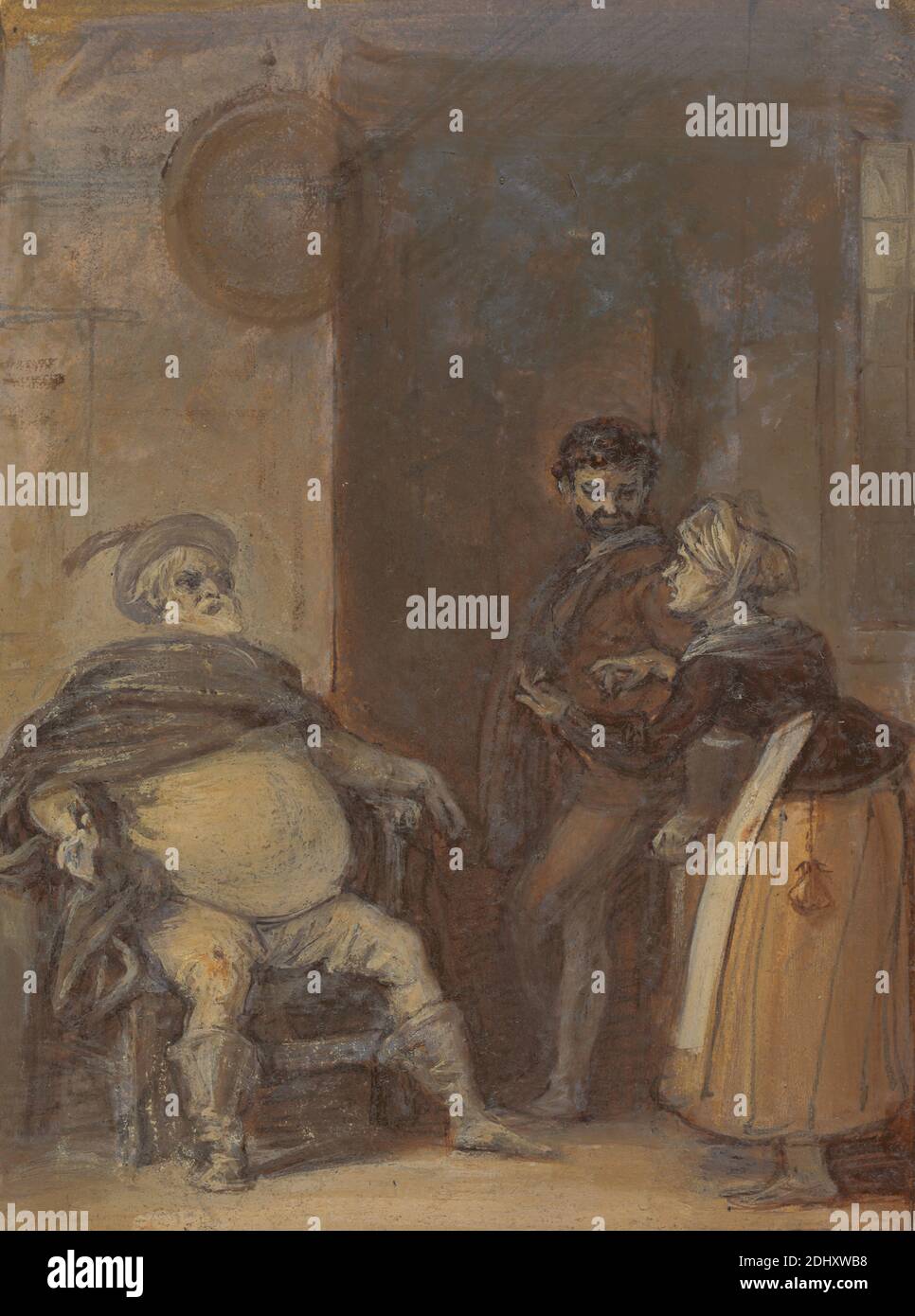 Falstaff with Mistress Quickly and Bardolph, Robert Smirke, 1752–1845, British, 1825, Pen and Brown ink, Brown wash, Gouache and Oil, partiell lackiert auf mäßig dickem, leicht strukturiertem, cremefarbenem Wove-Papier auf mäßig dickem, leicht strukturiertem, cremefarbenem Wove-Papier, Blatt: 6 x 4 3/8 Zoll (15.3 x 11.1 cm) und Bild: 5 3/8 x 4 1/16 Zoll (13.6 x 10.3 cm), Schauspieler, Argumentieren, Umhang, Feder, Figurenstudie, Gestik, Hut, Henry IV Teil I, Akt II, Szene II, Henry IV, Teil I von William Shakespeare, Gasthaus, literarisches Thema, Männer, übergewichtig, Spiel, Theaterstücke von William Shakespeare, Zeigen, Sitzen, Taverne Stockfoto