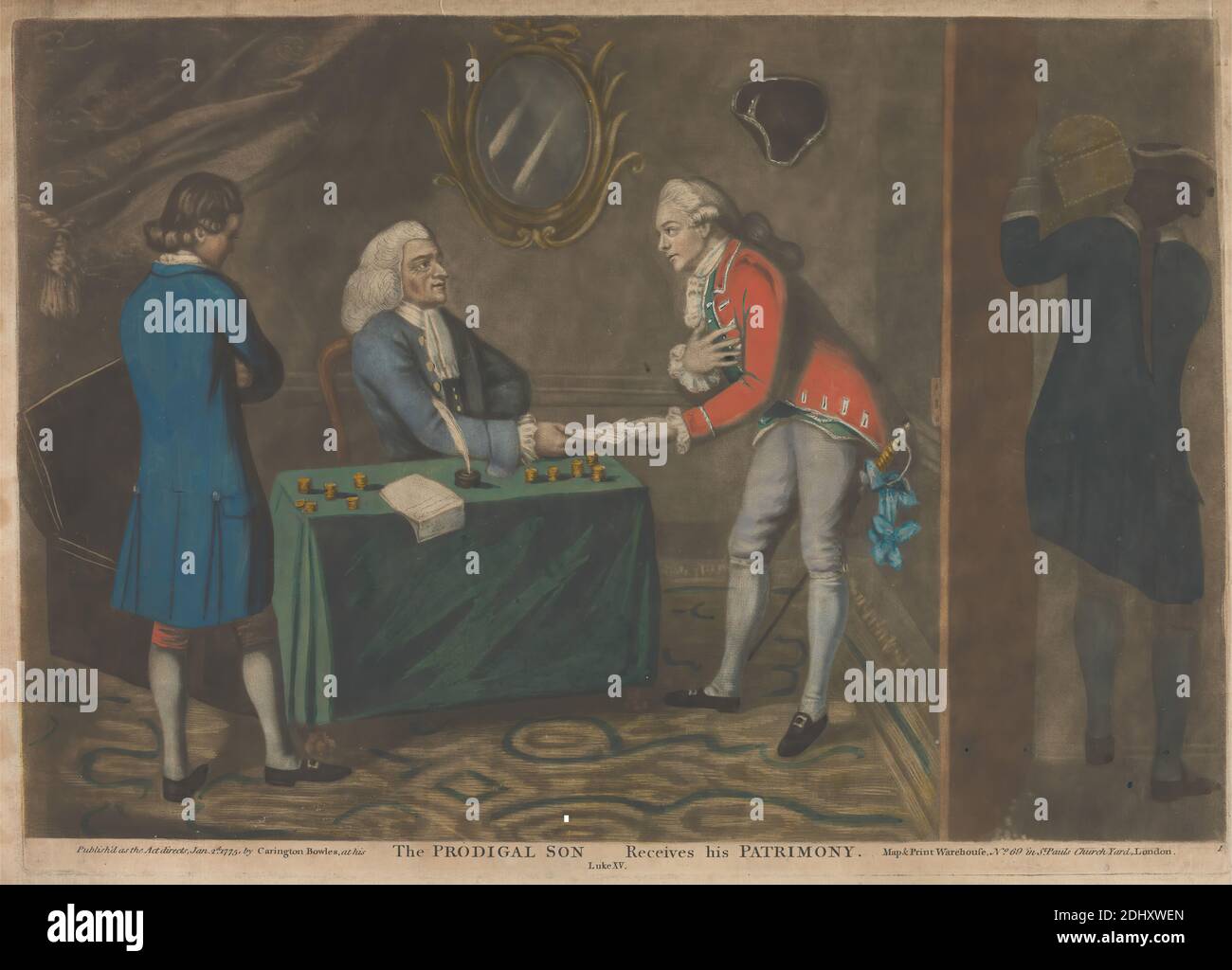 The Prodigal Son recieves his Patrimony (1 of 5), John Raphael Smith, 1752–1812, britischer, ehemals unbekannter Künstler, c. 1775, Mezzotint, Blatt: 10 x 14 Zoll (25.4 x 35,6 cm Stockfoto