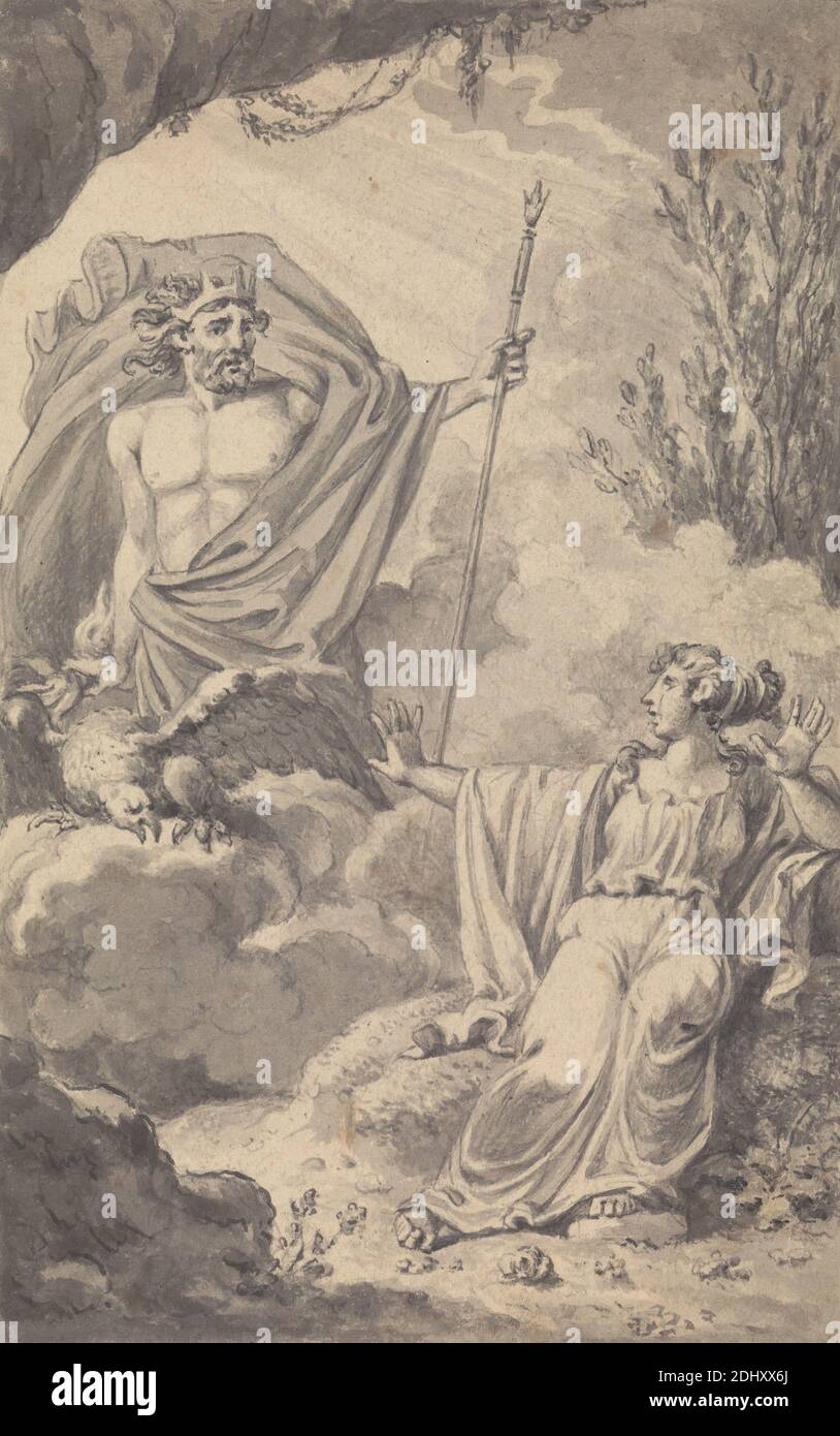 Unidentifizierte Zeitschrift / Play Illustration, Isaac Taylor, 1730–1807, britisch, undatiert, Grauwäsche mit Stift und schwarzer Tinte auf Medium, leicht strukturiert, cremefarbenes Wove-Papier, Blatt: 6 11/16 × 3 15/16 inches (17 × 10 cm), Adler (Vogel), literarisches Thema, religiöses und mythologisches Thema, Zepter, Baum, Frau Stockfoto