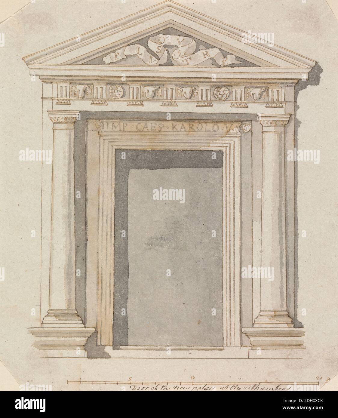 Tür des Neuen Palastes an der Alhambra, Henry Swinburne, 1743–1803, britisch, 1775 bis 1776, Grauwäsche, Braunwäsche, Graphit, Feder und braune Tinte auf Medium, mäßig strukturiert, blauweiß, getuschtes Papier, montiert auf mäßig dick, mäßig strukturiert, cremefarben, gewebt, Einfassung: 16 3/8 × 11 3/16 Zoll (41.6 × 28.4 cm) und Blatt: 7 1/8 × 6 1/4 Zoll (18.1 × 15.9 cm Stockfoto