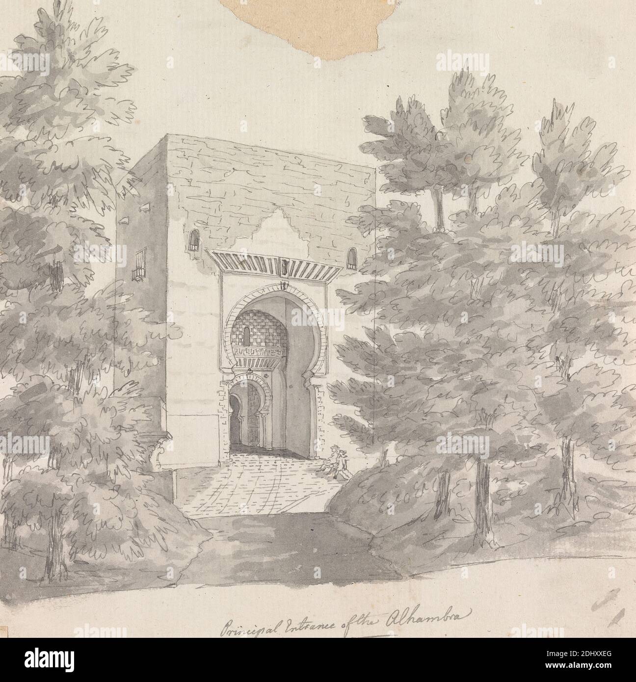 Tore der Alhambra: Puerta del Juicio, Henry Swinburne, 1743–1803, britisch, 1775 bis 1776, Grauwäsche, Graphit, Feder und graue Tinte auf Medium, mäßig strukturiert, creme, getuschtes Papier, montiert auf mäßig dick, mäßig strukturiert, creme, gewobene Papiere, Einfassung: 16 3/8 × 11 3/16 Zoll (41.6 × 28.4 cm) und Blatt: 6 1/4 × 6 3/8 Zoll (15.9 × 16.2 cm Stockfoto