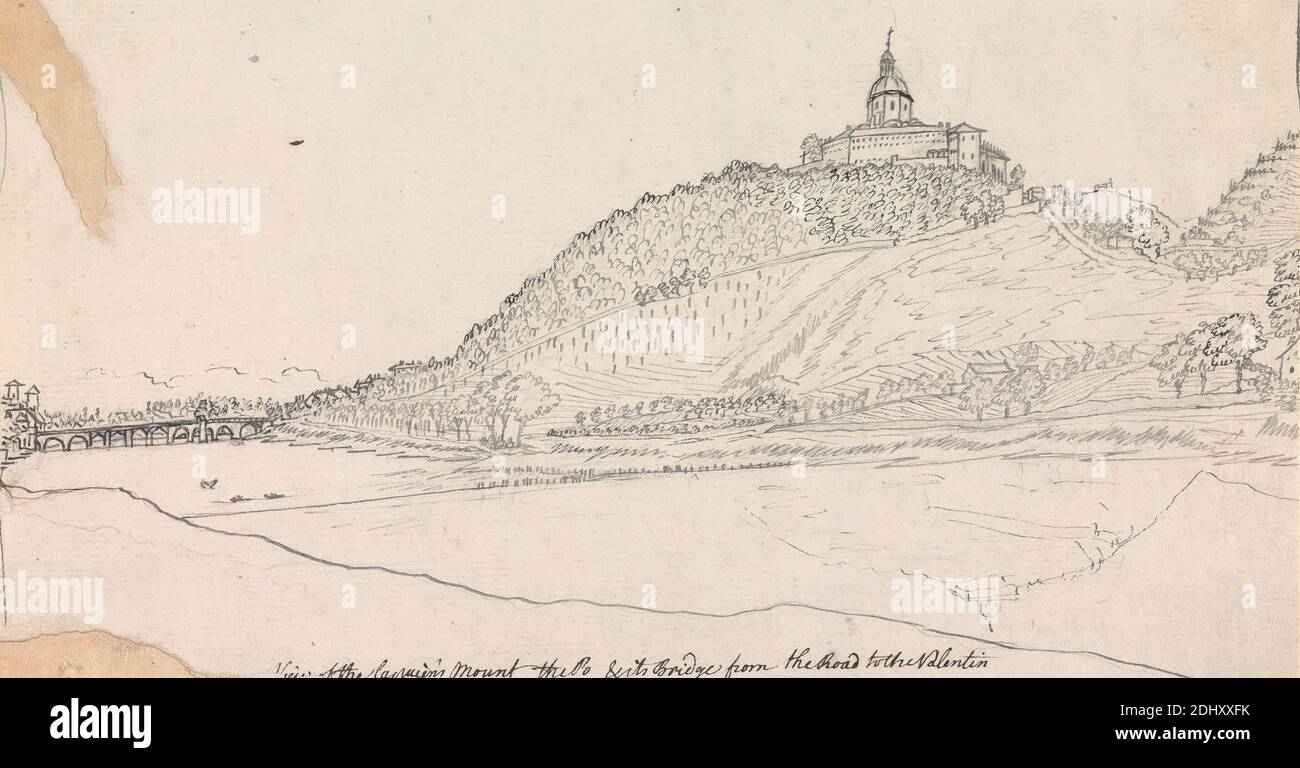 Blick auf den Cappuccini Mount, den Po & die Brücke von der Straße zum Palatin', Henry Swinburne, 1743–1803, Britisch, 1764, Stift und schwarze Tinte, graue Tinte, über Graphit auf Medium, mäßig strukturiert, gebläutes Weiß, getupftes Papier, aufgezogen, mäßig dick, leicht strukturiert, creme, gewobene Papiere, Halterung: 16 3/8 × 11 Zoll (41.6 × 27.9 cm) und Blatt: 5 3/16 × 9 13/16 Zoll (13.2 × 24.9 cm Stockfoto