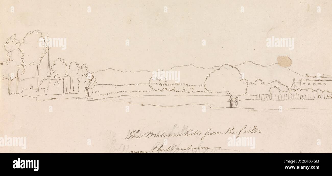 The Malvern Hills from the field near Cheltenham, Henry Swinburne, 1743–1803, British, undated, Pen und braune Tinte, über Graphit auf Medium, mäßig strukturiert, creme, wove Papier, montiert auf, mäßig dick, leicht strukturiert, creme, wove Papier, Halterung: 16 5/16 × 11 1/16 inches (41.4 × 28.1 cm) und Blatt: 4 7/16 × 9 7/16 Zoll (11.3 × 24 cm Stockfoto