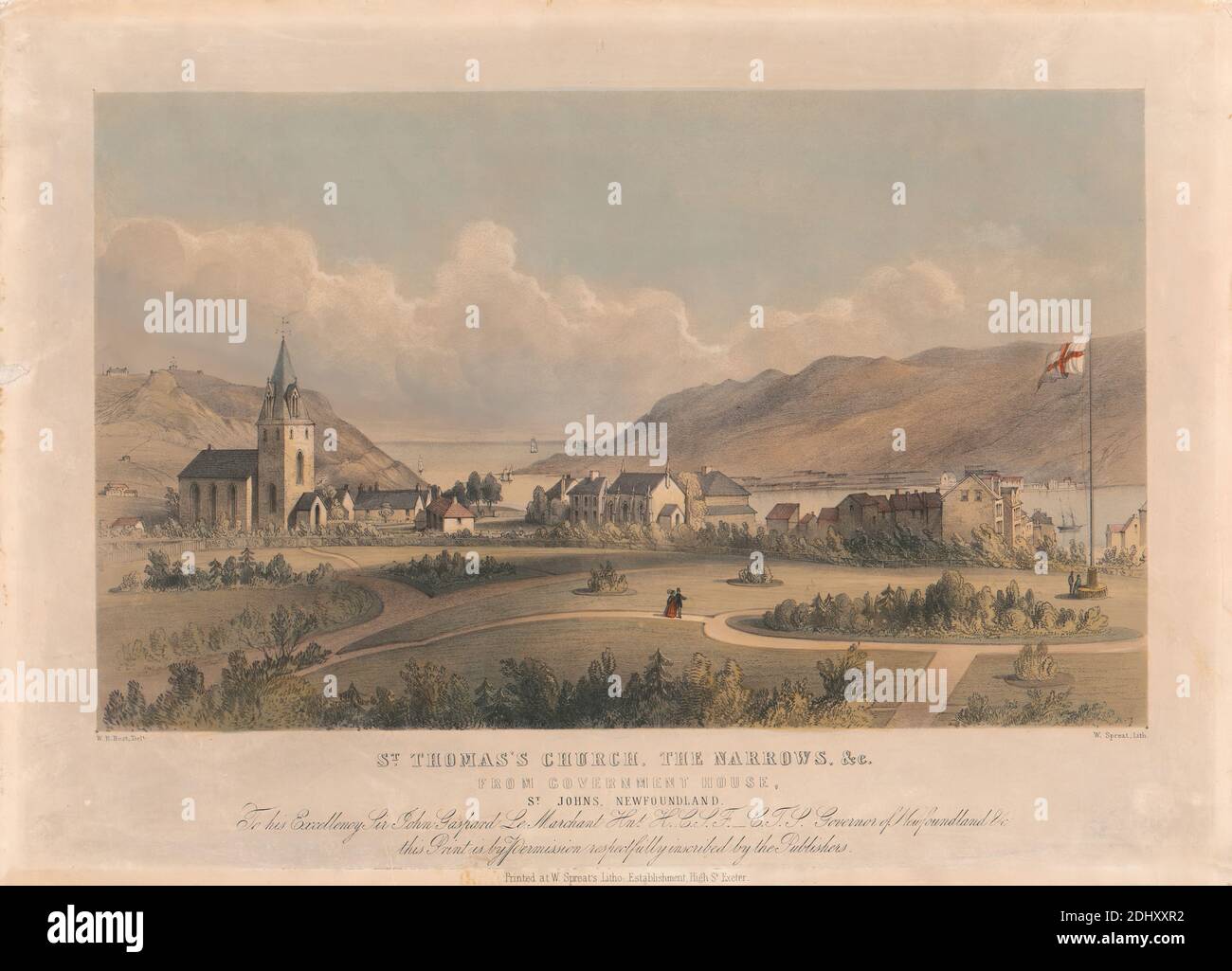 St. Thomas's Church, The Narrows, aus Government House, St. John's, Neufundland, William Spreat, aktiv 1841–1848, nach unbekannten Künstler, ( W. R. Best ), c. 1850, Farblithographie, Blatt: 8 3/8 x 13 (21.3 x 34,9 cm Stockfoto