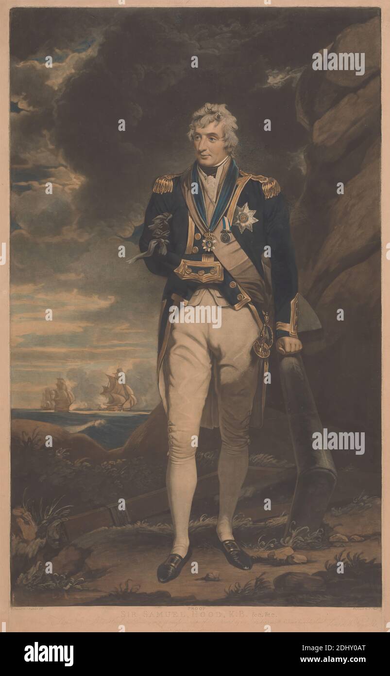 Sir Samuel Hood, K.B., ..., George Clint, 1770–1854, britisch, nach John Hoppner, 1758–1810, britisch, 1808, Mezzotint, farbiger Proof, Blatt: 26 3/4 x 16 Zoll (67.9 x 40,6 cm Stockfoto