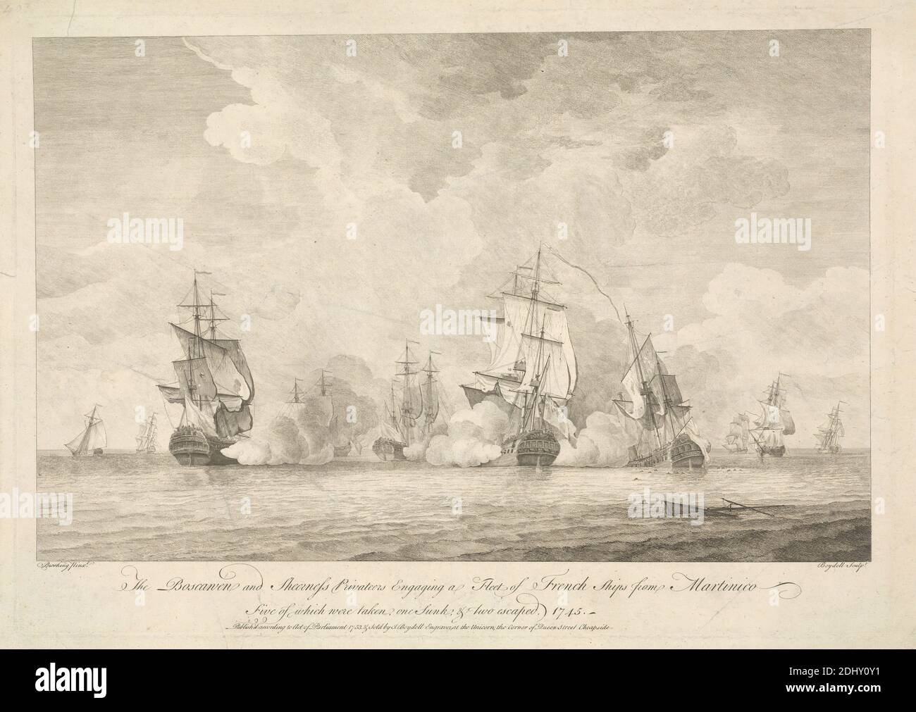 The Boscawen and Sheerness Privateers, Print Made by John Boydell, 1720–1804, British, after Charles Brooking, 1723–1759, British, Published by John Boydell, 1720–1804, British, 1753, Radierung und Strichgravur auf mäßig dickem, leicht strukturiertem, cremefarbenen Papier, auf Halterung gelegt, Blatt: 14 5/8 x 20 9/16 Zoll (37.1 x 52.3 cm), Platte: 13 1/4 x 19 Zoll (33.7 x 48.2 cm) und Bild: 11 5/16 x 18 1/16 Zoll (28.8 x 45.9 cm), Schlacht, Kanonen (Artillerie), Wolken, Beschädigung, Zerstörung, Feuer, Flaggen, Französisch, Galeonen, Marinen, Royal Navy, Segel, Meer, Schiffe, Schiffswrack, Rauch, Krieg, Yachten Stockfoto