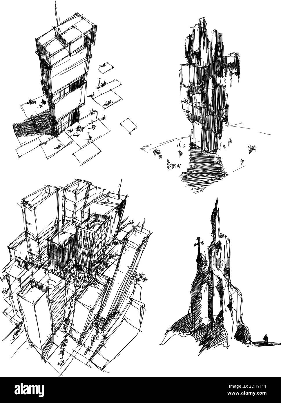 Vier handgezeichnete Architekturskizzen einer modernen abstrakten Architektur Und generische Stadt Urbanismus Struktur und fantastische Gebäude Stock Vektor