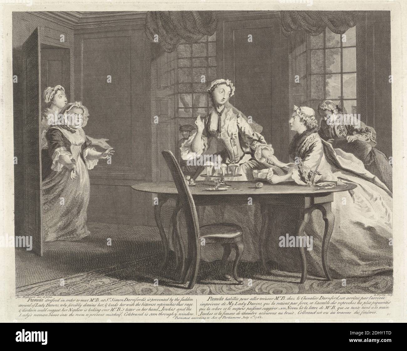 Illustrationen zu Samuel Richardsons 'The Life of Pamela', illustriert von Joseph Highmore, L. Truchy, 1721–1764, nach Joseph Highmore, 1692–1780, British, 1762, Gravur, Tafel: 11 3/4 x 14 13/16in. (29.8 x 37,6 cm) und Blatt: 14 3/16 x 18 3/8 Zoll (36 x 46,7 cm), Vorhänge, Genremotiv, Tisch, Fenster Stockfoto