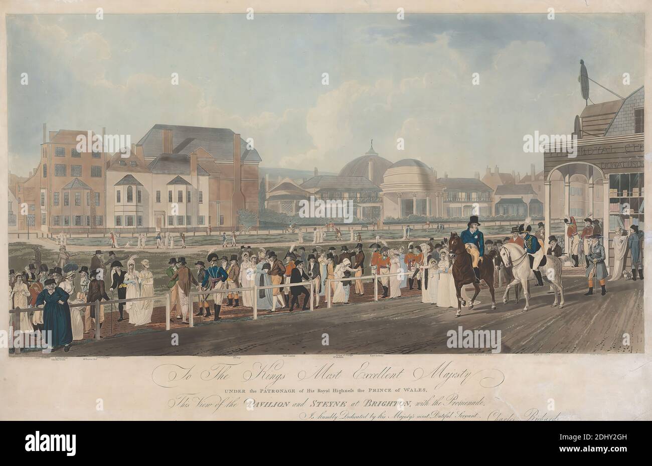 The Pavilion & Steyne at Brighton, James Mitan, 1776–1822, British, Joseph Constantine Stadler, Active 1780–1812, British, after Charles Cracklow, ( Craig & Cracklow ), Active 1806–1823, 1806, Aquatint, handgefärbt auf mäßig dick, leicht strukturiert, creme, Wobentpapier, Blatt: 18 7/16 × 28 7/16 cm (72.2 × 46.8 Zoll) und Bild: 14 3/4 × 27 9/16 Zoll (37.5 × 70 cm Stockfoto
