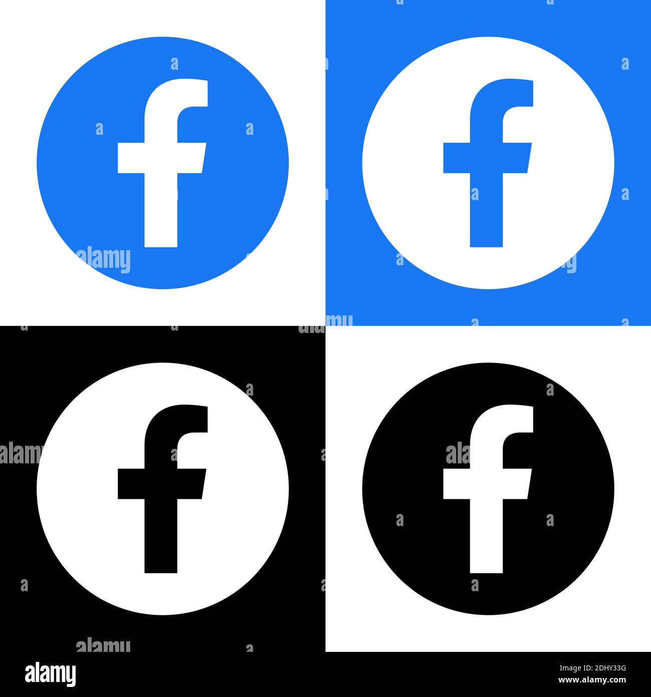 Facebook Logo - Vector Set Collection - Schwarz Silhouette Form - Original Neueste Blaue Farbe - Isoliert. F-Symbol für Webseite, mobile App oder Drucken. Stock Vektor