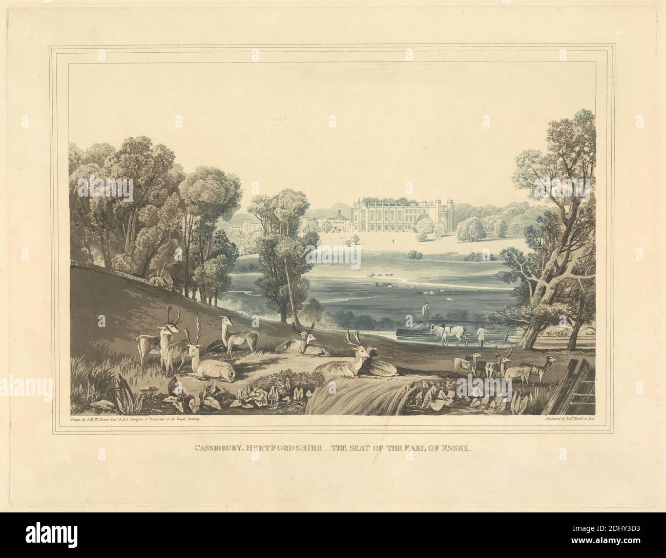 Cassiobury, Hertfordshire, The Seat of the Earl of Essex, Robert Havell, 1769–1832, britisch, nach Joseph Mallord William Turner, 1775–1851, britisch, 1816, später Staat, 1837 Ausgabe: Getönt Stockfoto