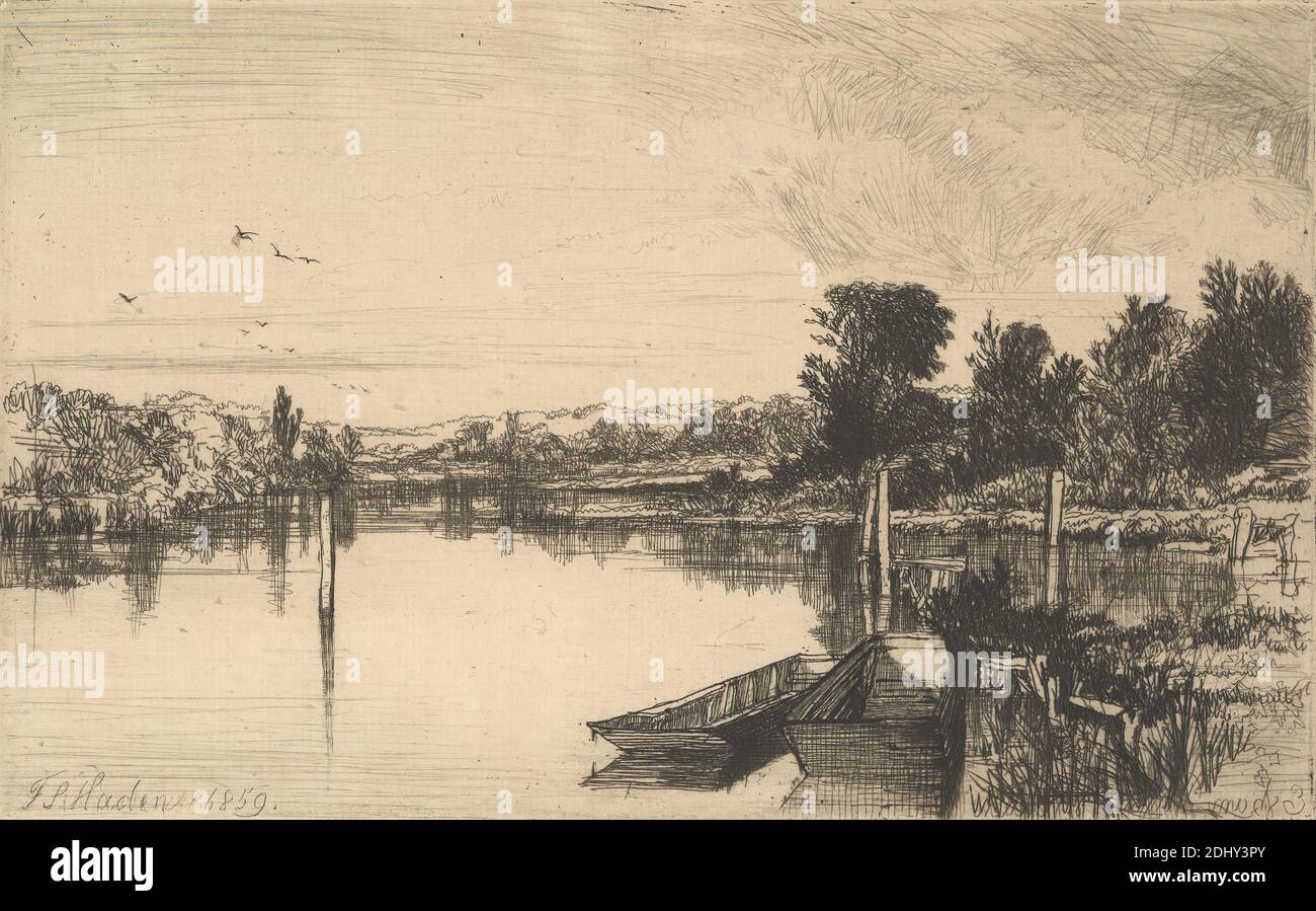 Egham, Francis Seymour Haden, 1818–1910, British, 1859, Ätzung und Trockenpunkt, mit Tellerton auf mittlerem, leicht dickem, cremefarbenem Papier, Blatt: 1/4 x 23.5 cm (6 1/4 x 9 15.9 Zoll), Platte: 15/16 x 15/16 cm (4 12.6 x 7 20.2 Zoll) und Bild: 4 15/16 x 7 15/16 Zoll (12.6 x 20.2 cm), Banken, Vögel, Boote, Schlauchboote, Anlegesteg (Gebäudeteilung), Landschaft, Liegeplatz, Pfosten, Schilf, Reflexionen, Fluss, Himmel, Bäume, Wasser, Egham, England, Europa, Surrey, Themse, Vereinigtes Königreich Stockfoto