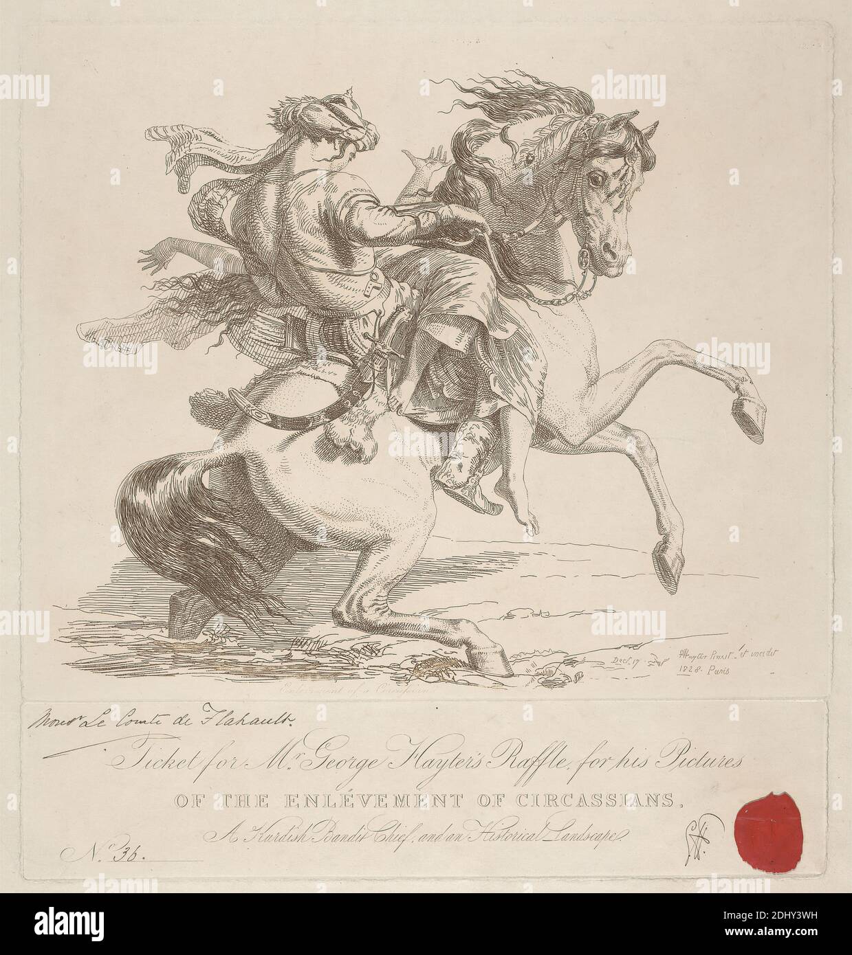 Eintrittskarte für Mr. George Hayters Verlosung für seine Bilder von der Einsiebung der Tscherkessen, eines kurdischen Banditen-Häuptlings, und einer historischen Landschaft, Sir George Hayter, 1792–1871, britisch, nach Sir George Hayter, 1792–1871, britisch, 1828, Radierung und Stippellstich auf dickem, leicht strukturiertem beigefarbenem Wove-Papier, Blatt: 14 3/4 x 13 15/16 Zoll (37.4 x 35.4 cm), Platte: 11 x 10 3/8 Zoll (28 x 26.4 cm), und Bild: 8 11/16 x 10 3/8 Zoll (22.1 x 26.4 cm), Pfeile, Auktion, Bandit, Bogen, Zügel, Capture, Reitsport, Genre Thema, Pferd (Tier), Mähne, Gefangene, Köcher, Aufzucht (Pferd), Zügel, Fluss Stockfoto