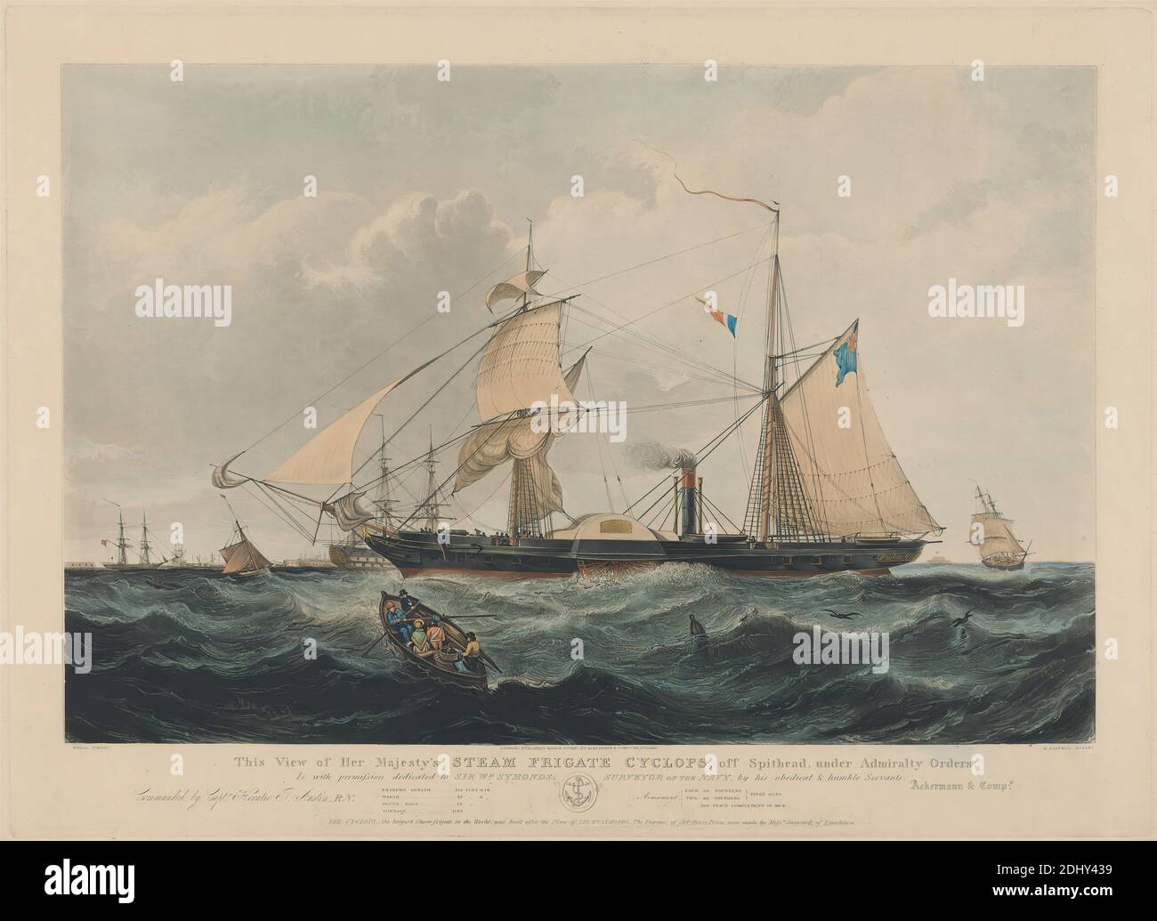 Her Majesty's Steam Frigate Cyclops, off Spithead, under Admiralty Orders., Henry Papprill, 1816–d.after 1883, American, William Adolphus Knell, c. 1808–1875, britisch, 1857, Aquatint, handgefärbt auf dickem, glattem beigefarbenem Papier, Blatt: 22 7/16 × 30 3/8 cm (77.2 × 57 Zoll), Platte: 19 3/8 × 26 5/8 Zoll (49.2 × 67.6 cm) und Bild: 15 13/16 × 24 Zoll (40.2 61 × cm) Stockfoto